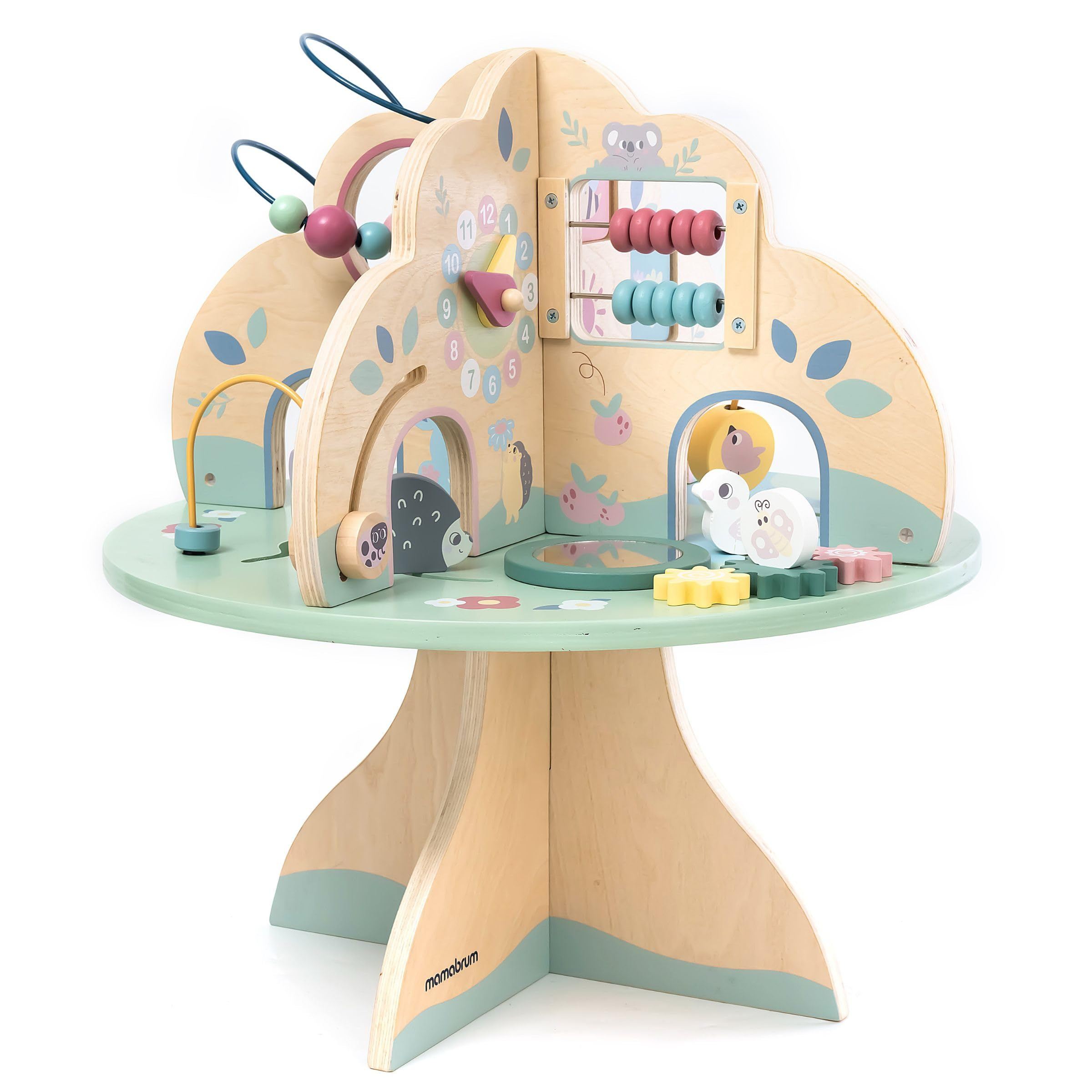 Un tavolo attività in legno con perline colorate, orologio, animali e ingranaggi interattivi.