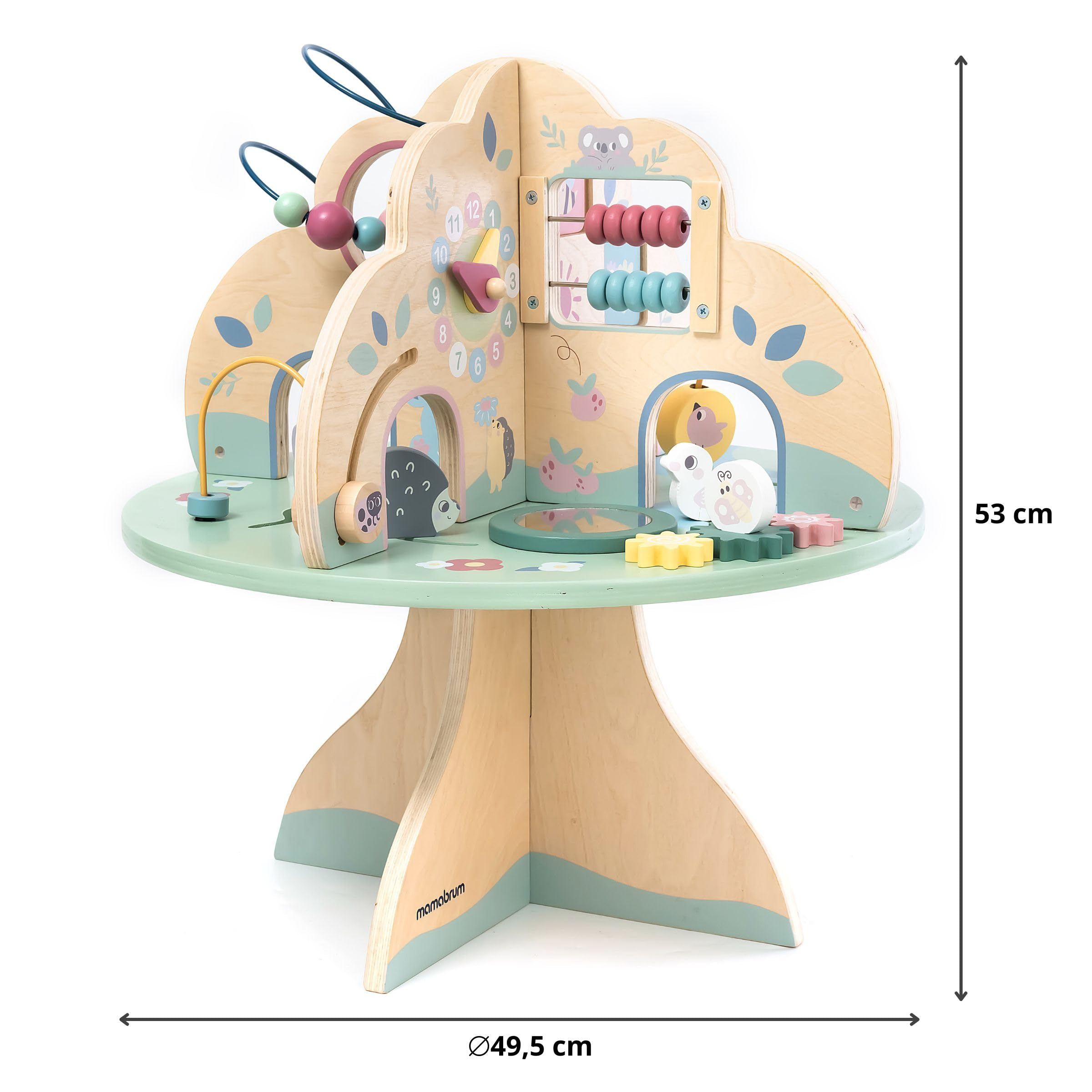 Un centro attività in legno a forma di albero con labirinti di perline e giochi a incastro, alto 53 cm.