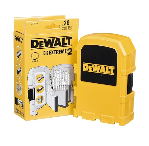 Una custodia gialla per punte da trapano Dewalt Extreme 2 con scatola di cartone aperta su sfondo bianco.