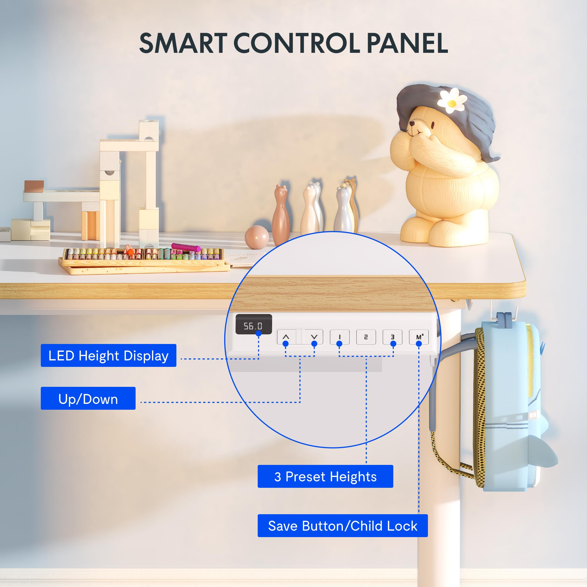 Smartes Bedienfeld eines höhenverstellbaren Tisches mit Display, Auf-Ab-Tasten, Speichern und Kindersicherung.