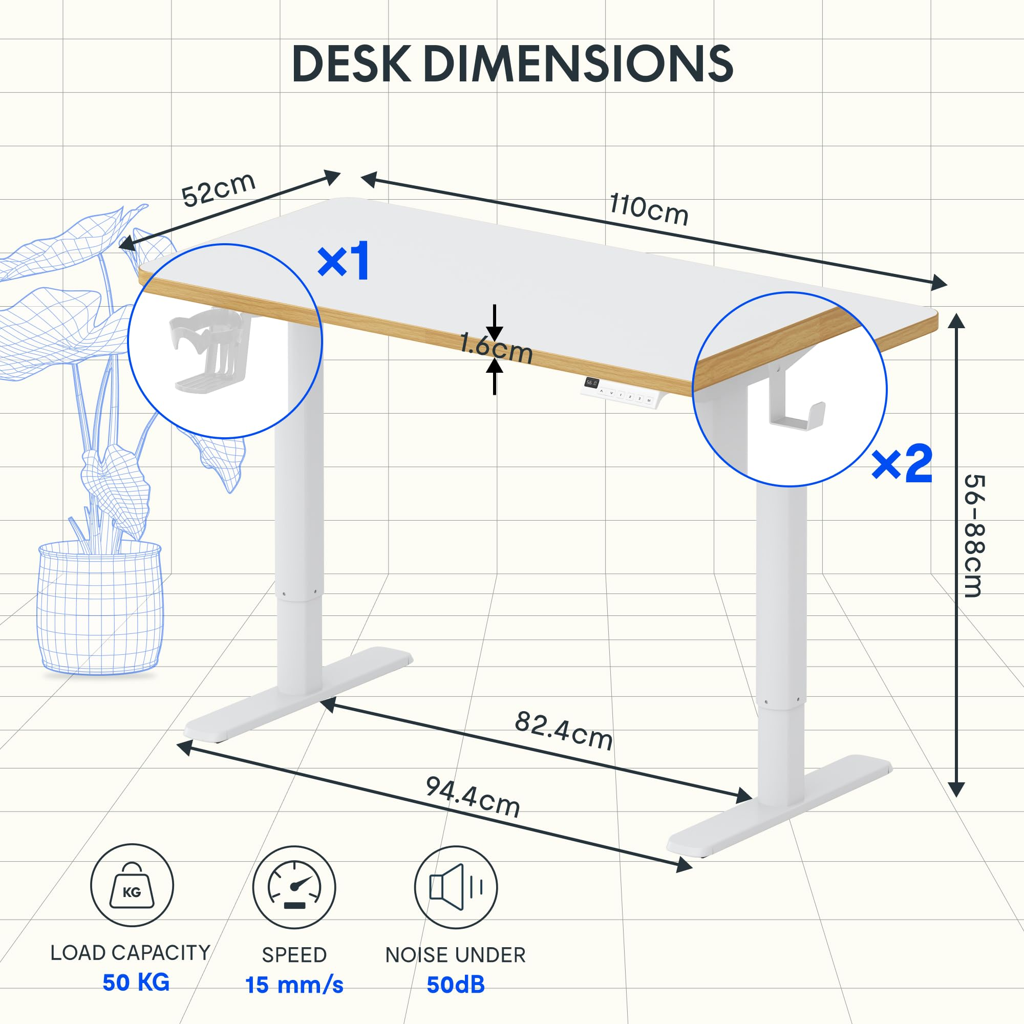 Diagramm zeigt die Abmessungen eines verstellbaren Schreibtisches mit 110cm Länge und Zubehör.