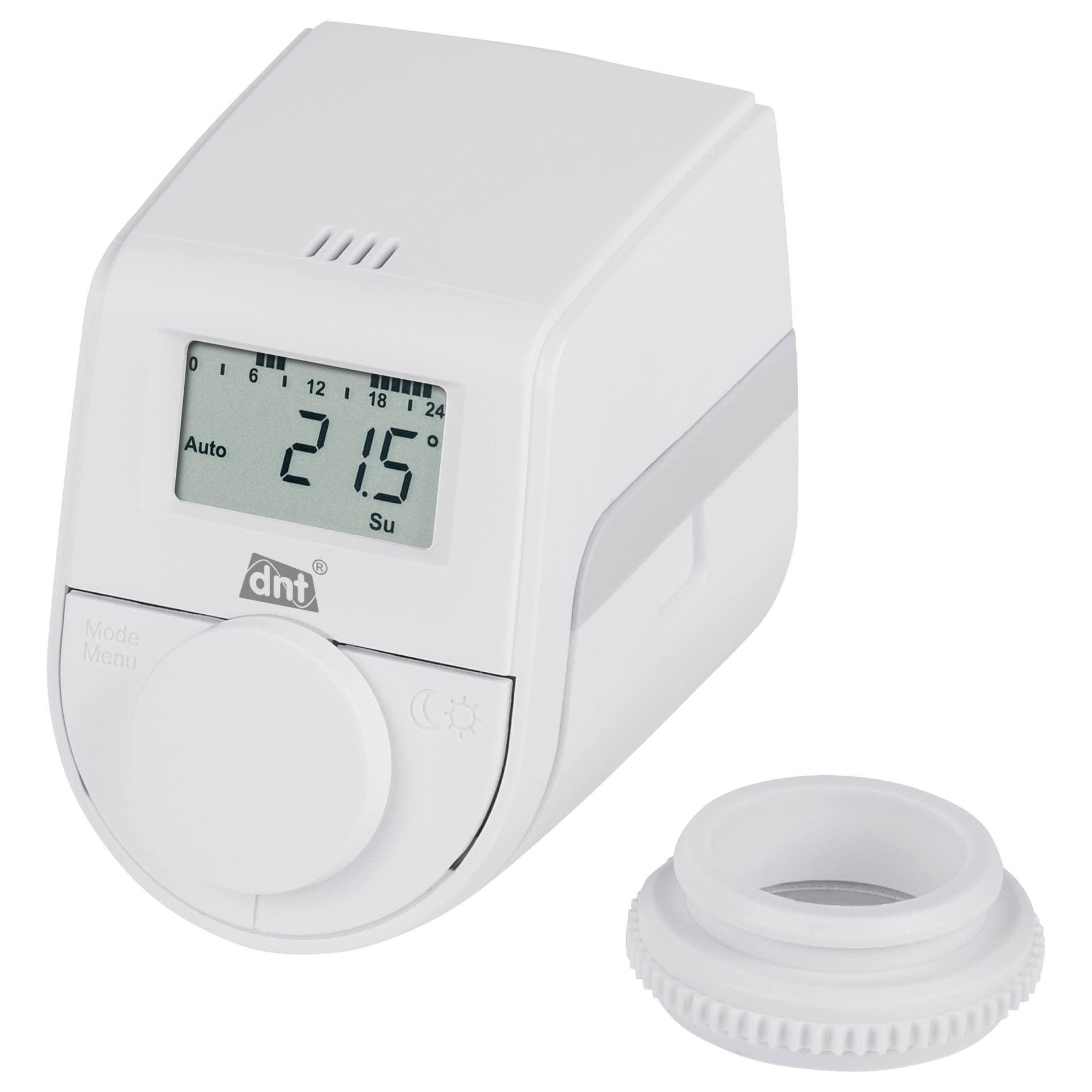 Weißer digitaler Heizkörperthermostat mit Display und einem separaten Adapterring.