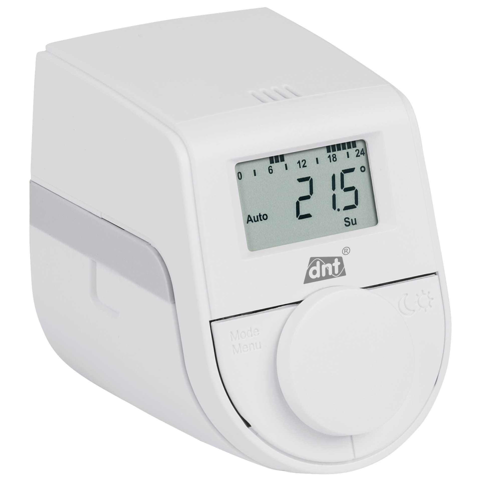 Ein weißer digitaler Heizkörperthermostat mit einem Display zeigt 21,5 Grad.