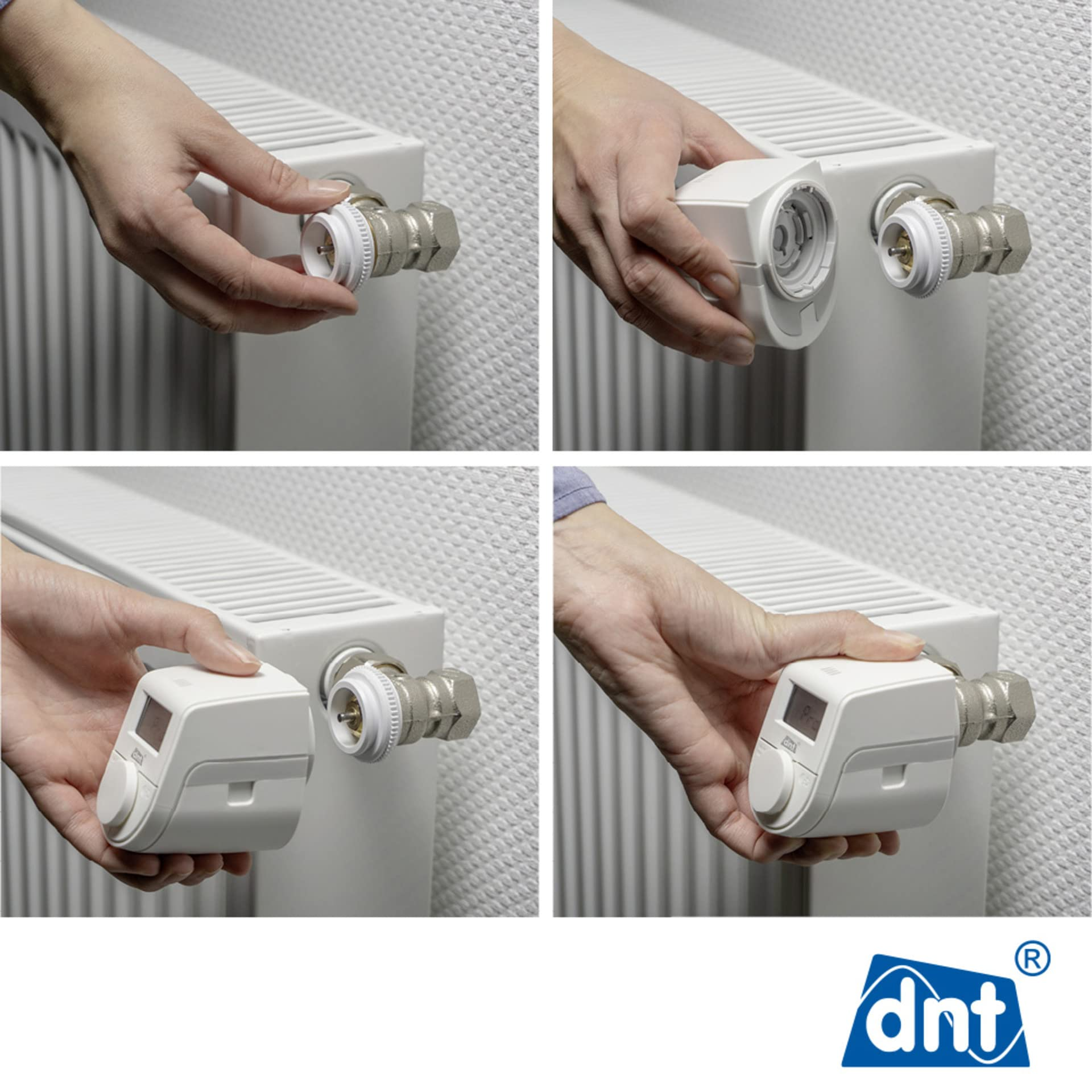 Vier Schritte zeigen, wie ein elektronisches Heizkörperthermostat an einem weißen Heizkörper montiert wird.