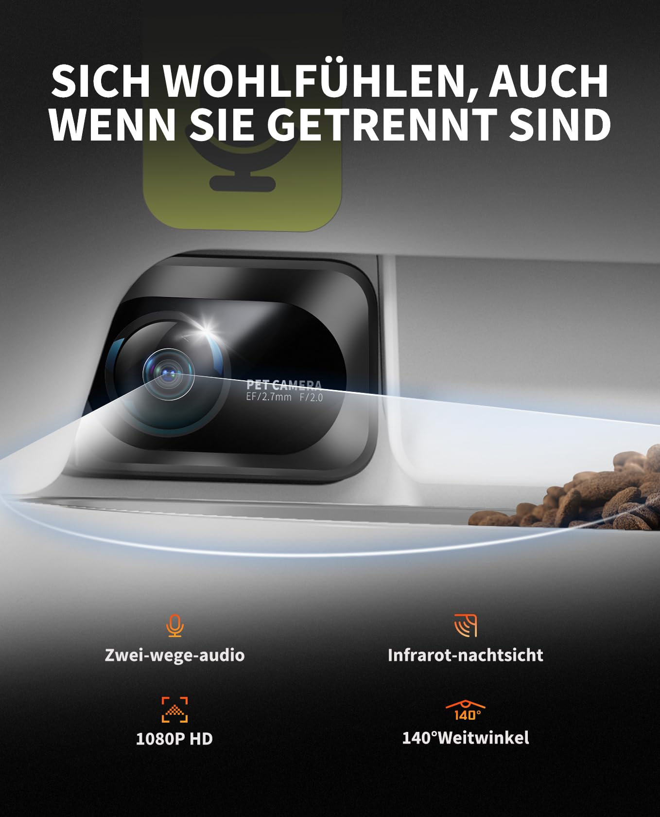 Una telecamera per animali mostra il campo visivo con icone e testo in tedesco su audio bidirezionale, 1080P HD e visione notturna.