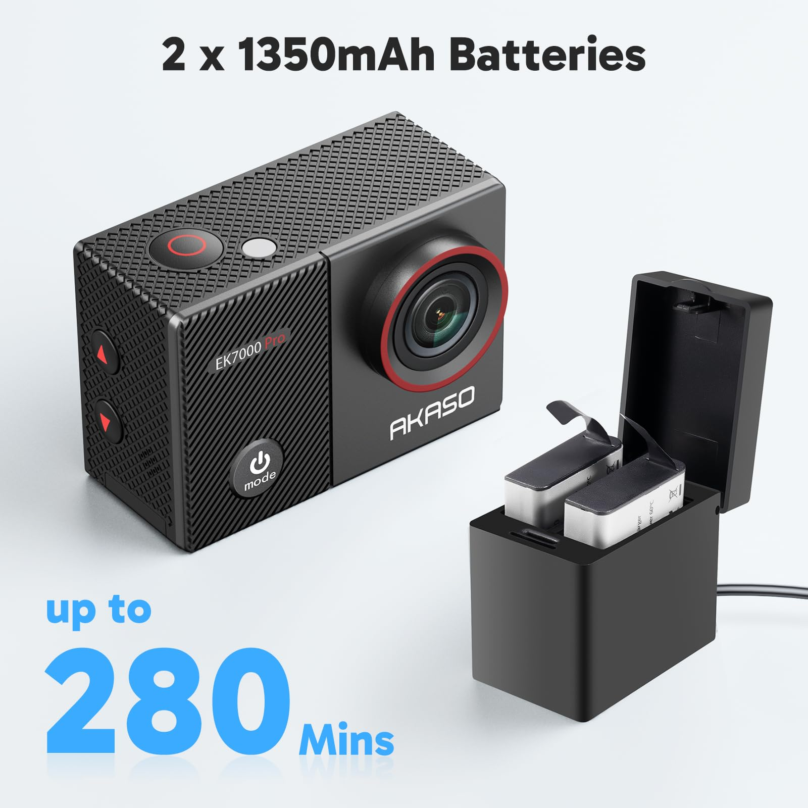 Caméra d'action Akaso EK7000 Pro avec chargeur double et deux batteries 1350mAh sur fond gris.