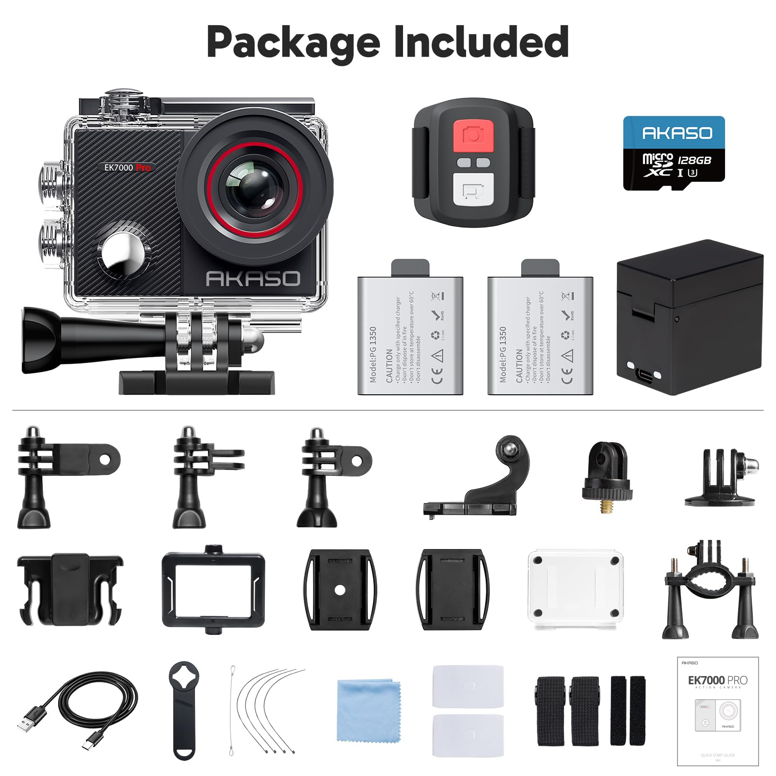Contenu du pack de la caméra d'action Akaso EK7000 Pro incluant batteries, télécommande, fixations et carte SD.