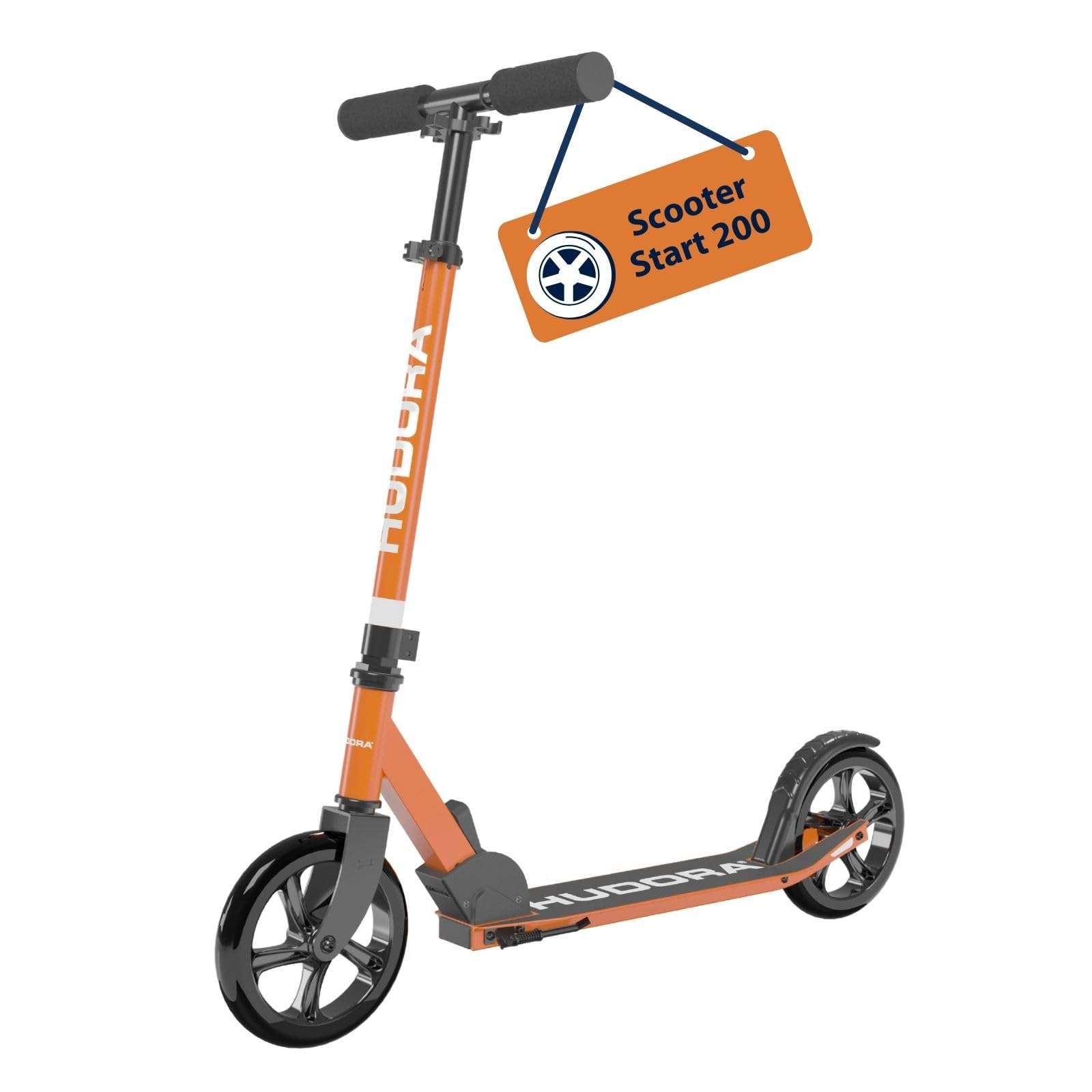 Trottinette orange Hudora Start 200 avec de grandes roues noires et une étiquette de prix orange.