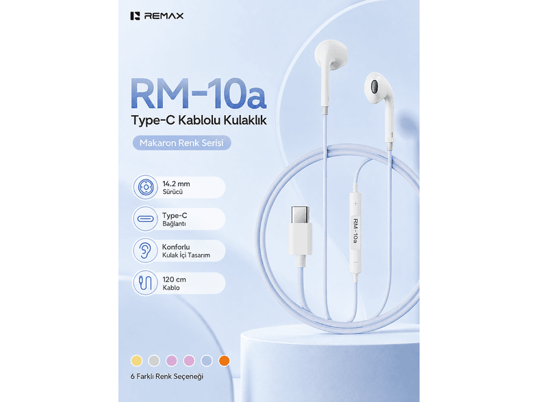 REMAX 14.2 mm Sürücülü Mikrofonlu - Type-C RM-10A Kablolu Kulak İçi Kulaklık Mavi