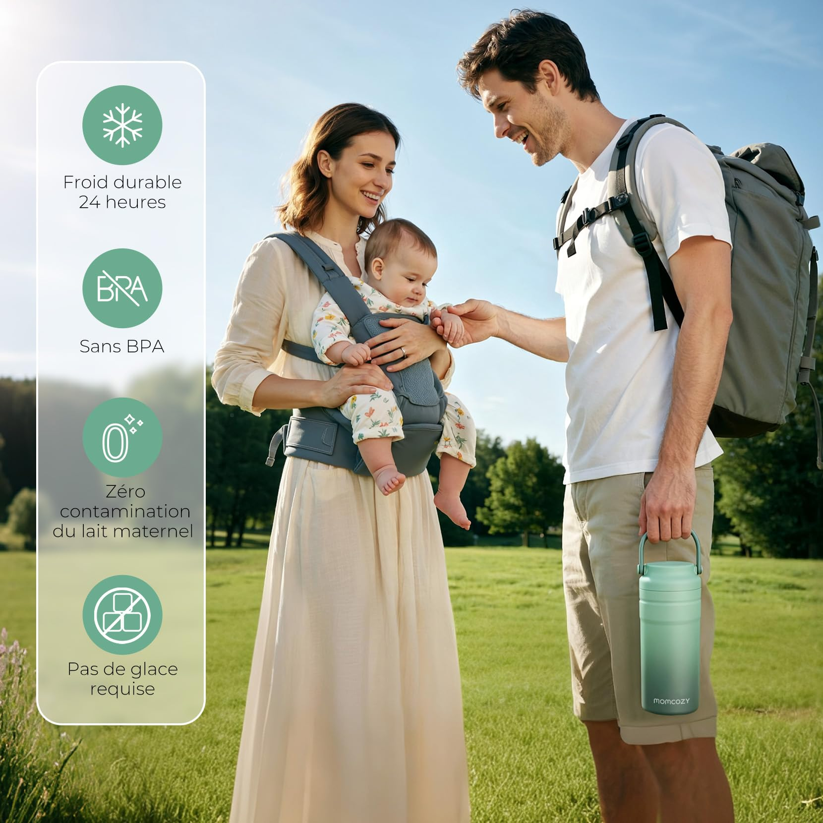 Eine Familie mit einem Baby in einer Trage auf einer Wiese, der Vater hält eine grüne Flasche.