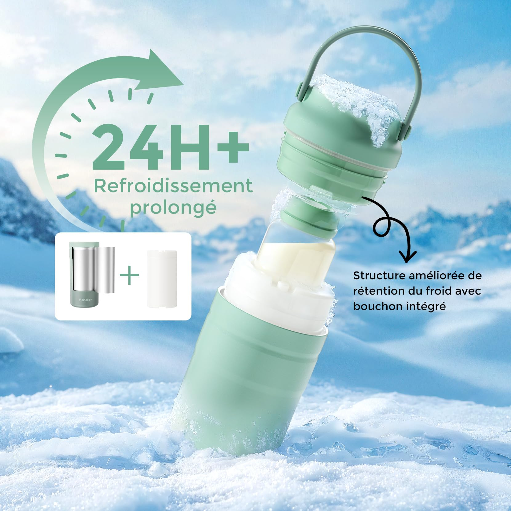 Grüne Isolierflasche im Schnee mit 24H+ Text und Grafiken.