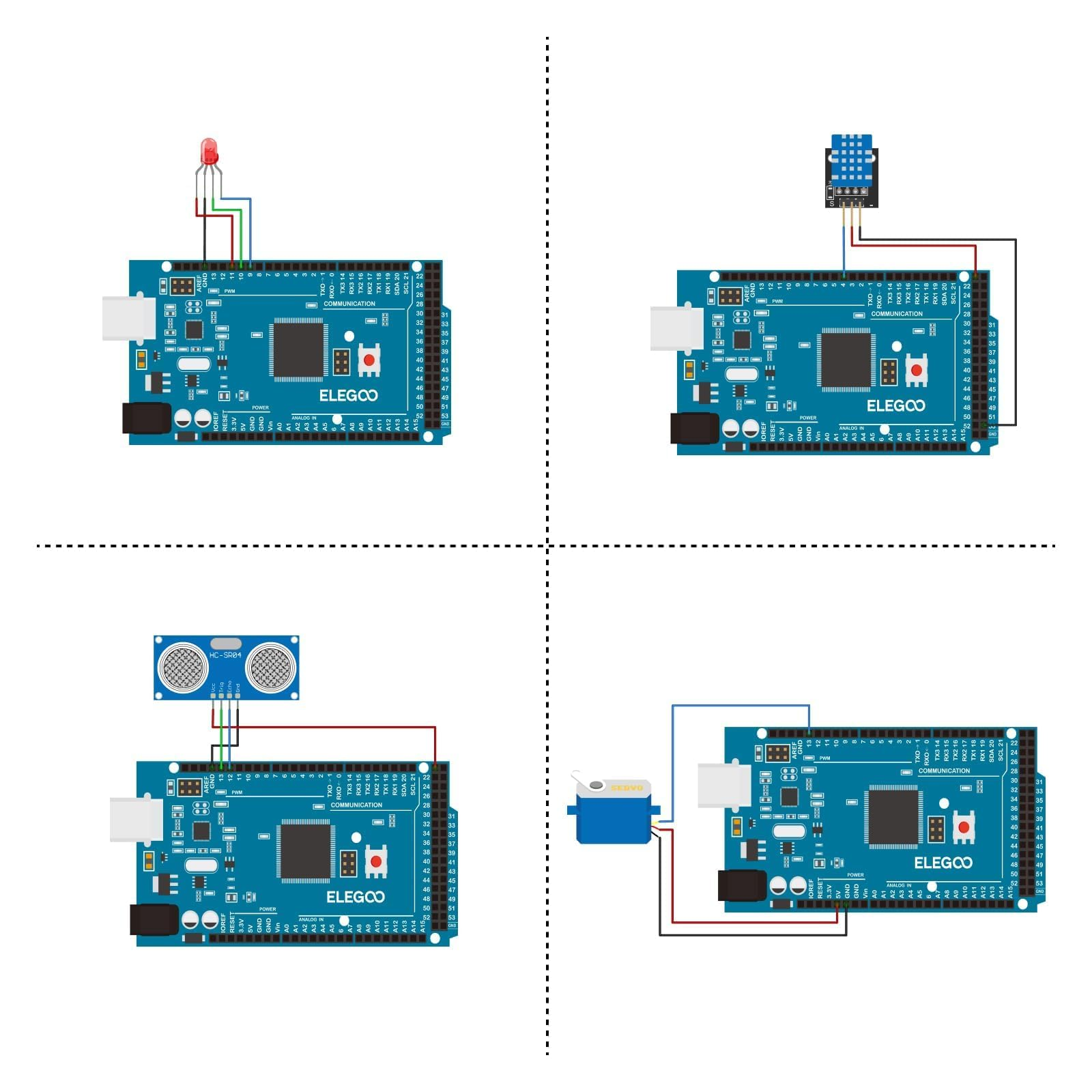Quatre diagrammes montrent un microcontrôleur Elegoo câblé avec des composants électroniques : une LED, un module, un capteur, un servomoteur.