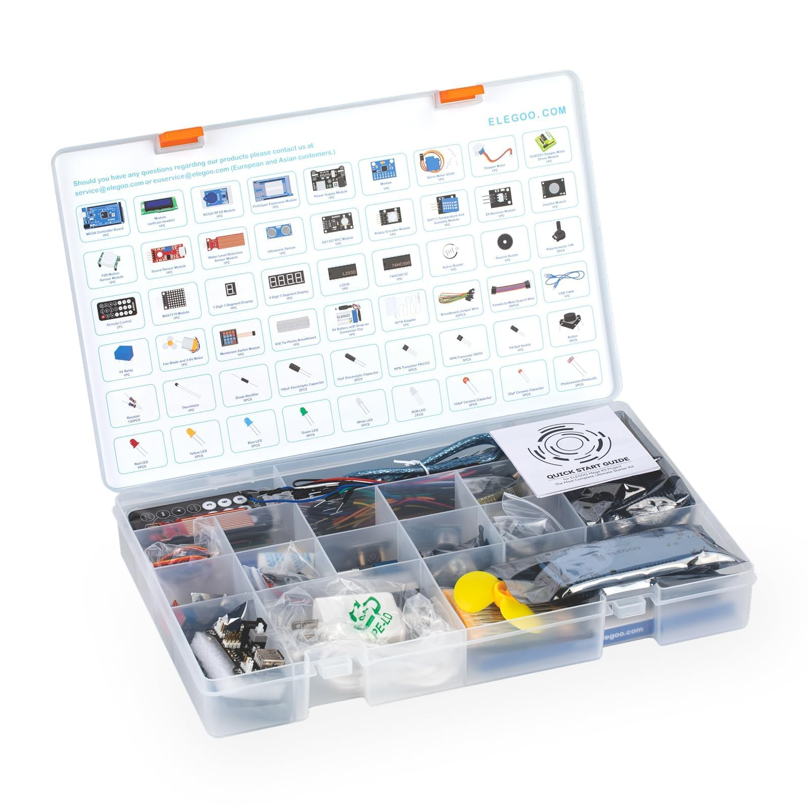 Un étui de rangement en plastique ouvert pour kit électronique, rempli de composants triés et un schéma.