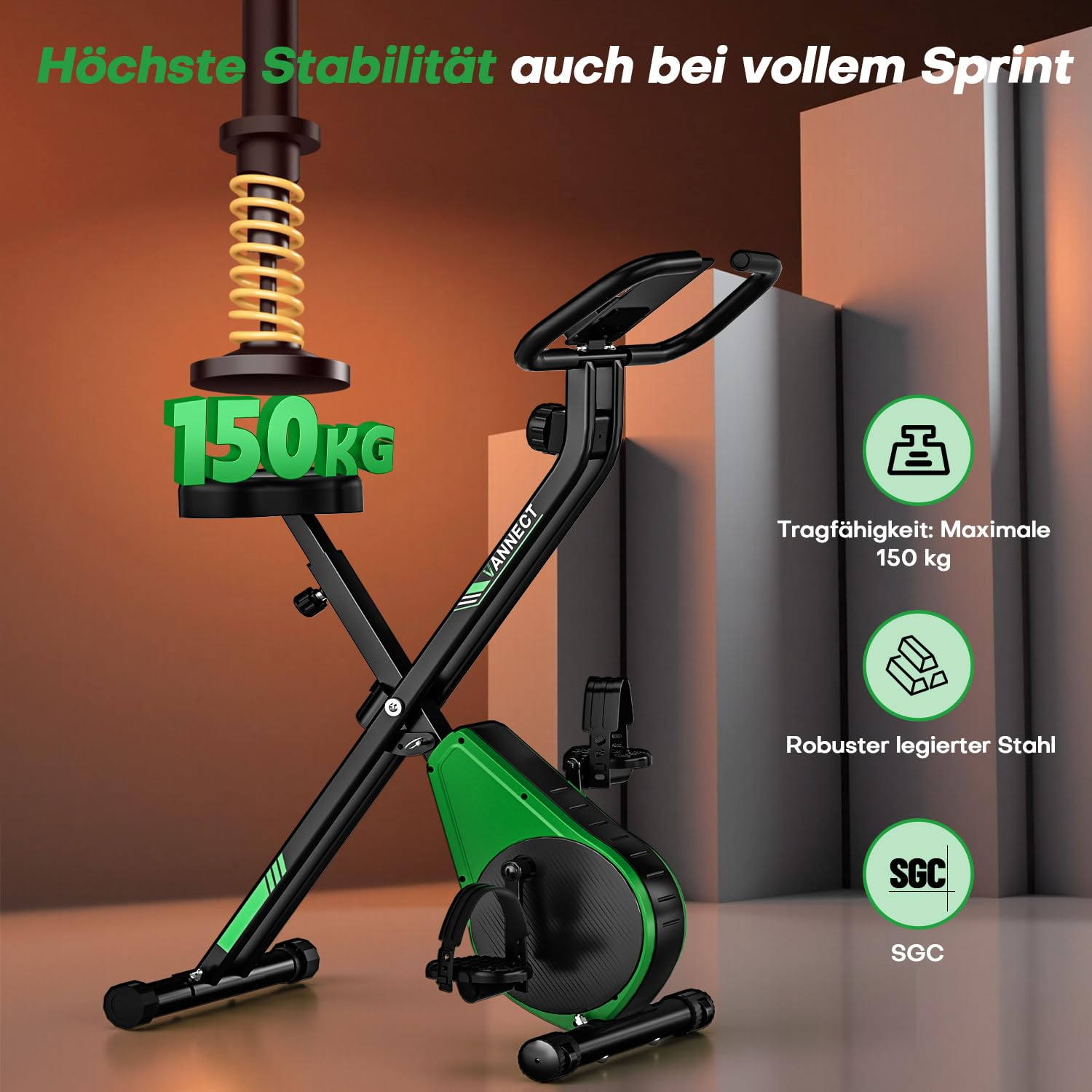 Ein schwarzes und grünes Heimtrainer-Fahrrad mit Grafiken, die Stabilität und eine maximale Belastung von 150 kg zeigen.