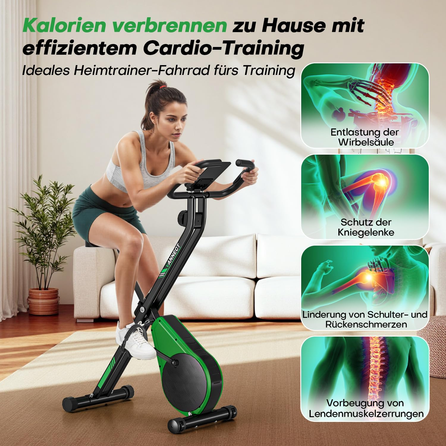 Frau trainiert auf Heimtrainer vor Wohnzimmerschlafsofa; Insets zeigen Gelenkentlastungen beim Radeln.