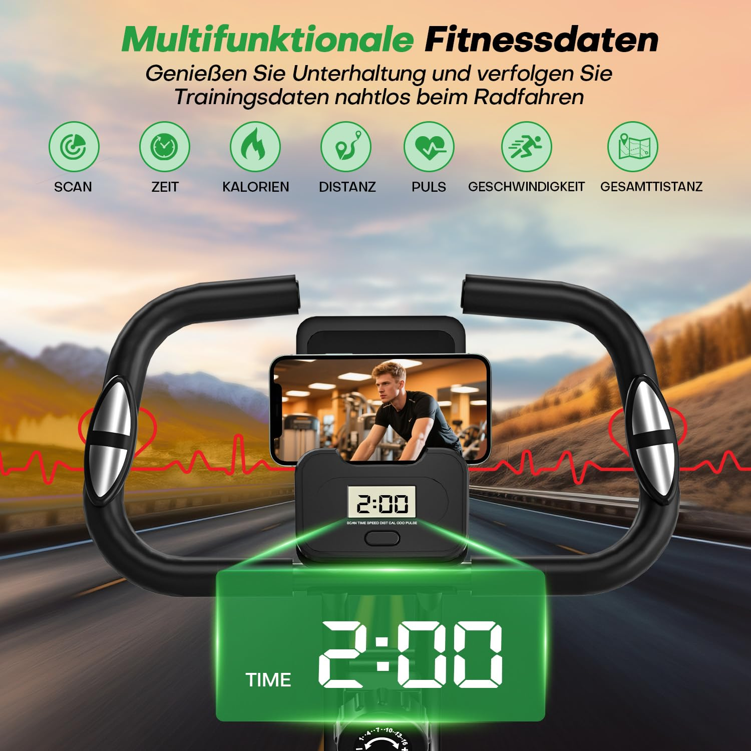Fitnessbike-Lenker mit Smartphone und digitalem Display vor einer Straßenszene.