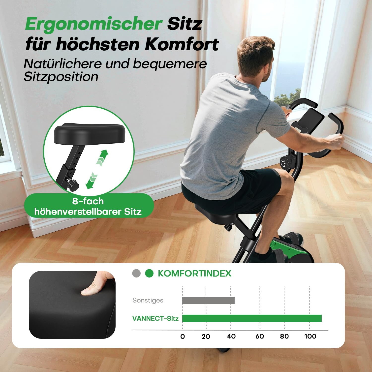 Ein Mann sitzt auf einem Heimtrainer in einem hellen Raum, mit Grafiken, die den ergonomischen Sitz zeigen.