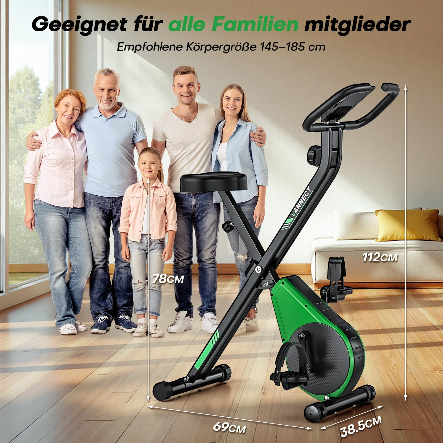 Eine mehrgenerative Familie steht drinnen neben einem Heimtrainer mit Maßangaben.