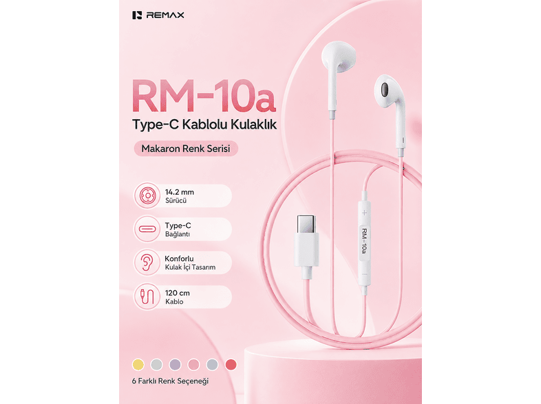 REMAX 14.2 mm Sürücülü Mikrofonlu - Type-C RM-10A Kablolu Kulak İçi Kulaklık Pembe