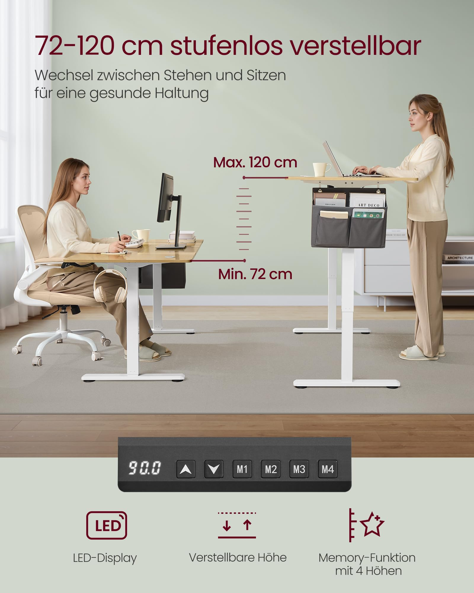 Bureau réglable de 72 à 120 cm pour travailler assis ou debout avec panneau LED.