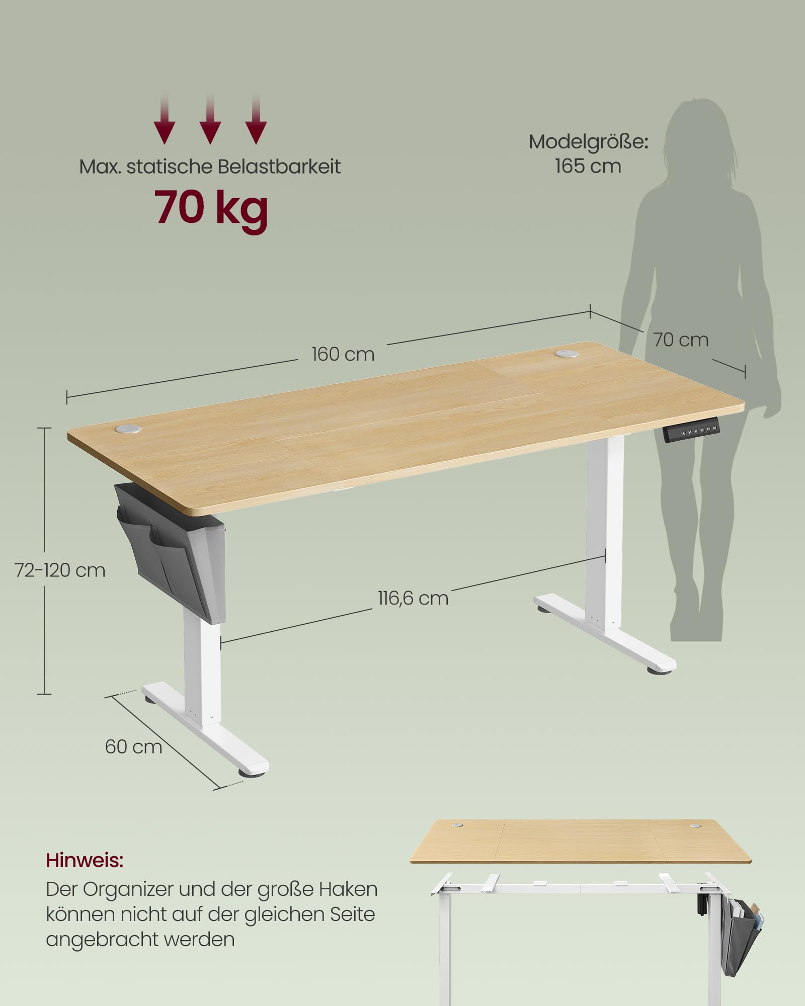 Schéma d'un bureau réglable avec dimensions, charge max. de 70 kg et silhouette d'une personne.