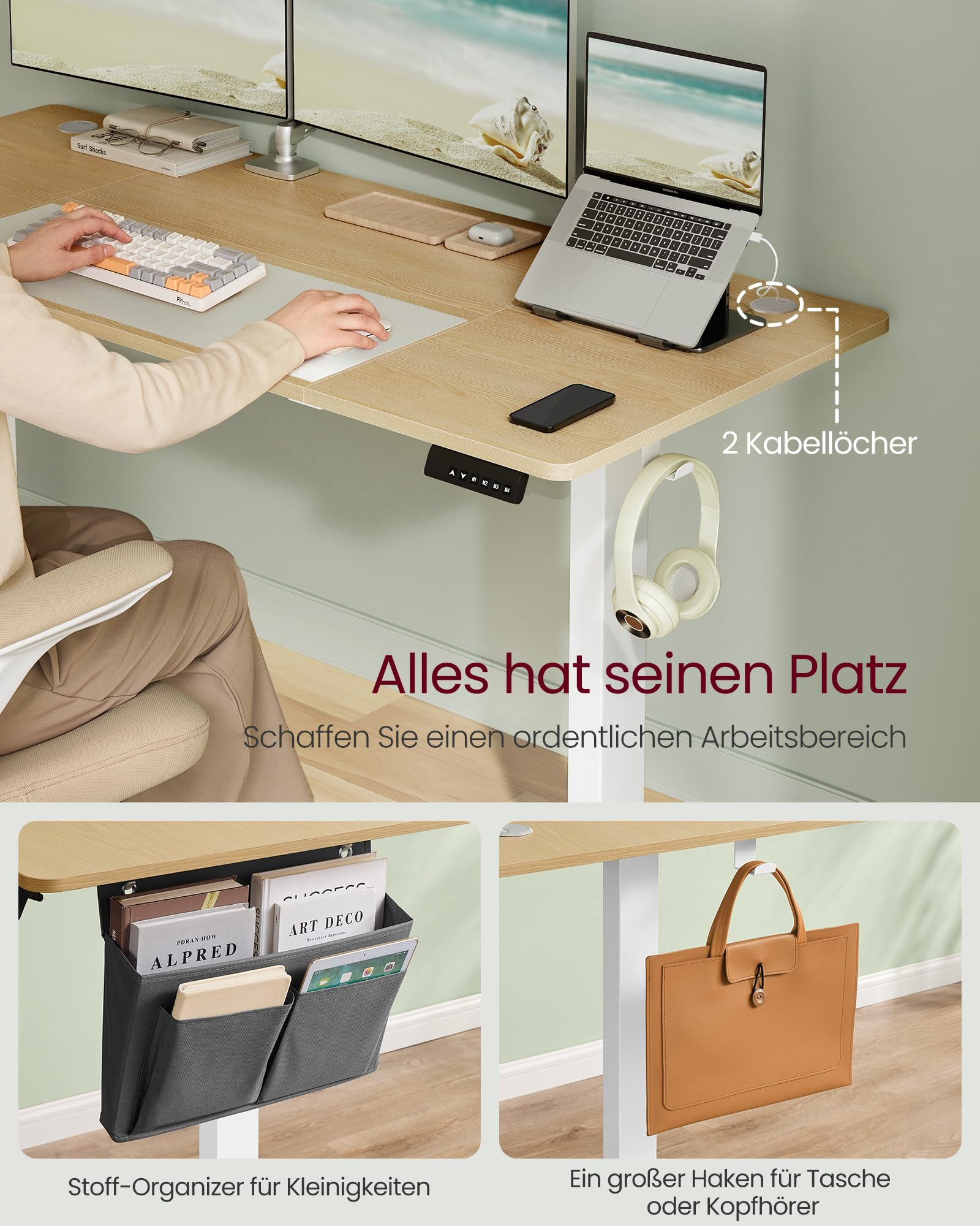 Un bureau en bois avec moniteur, ordinateur portable, organiseur et crochet sur un mur vert.