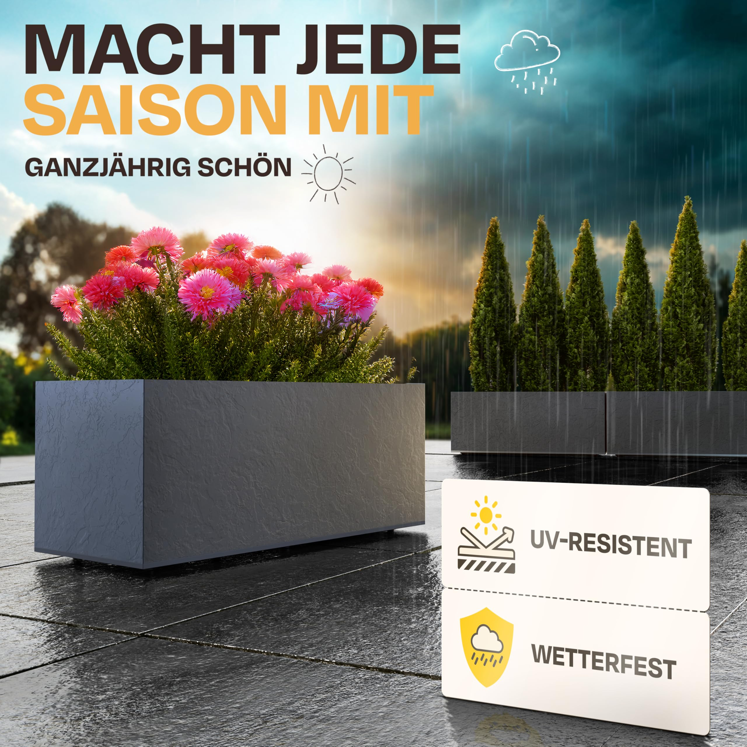 Jardinière grise avec fleurs roses sur terrasse mouillée, texte en allemand et icônes résistant aux UV et aux intempéries.