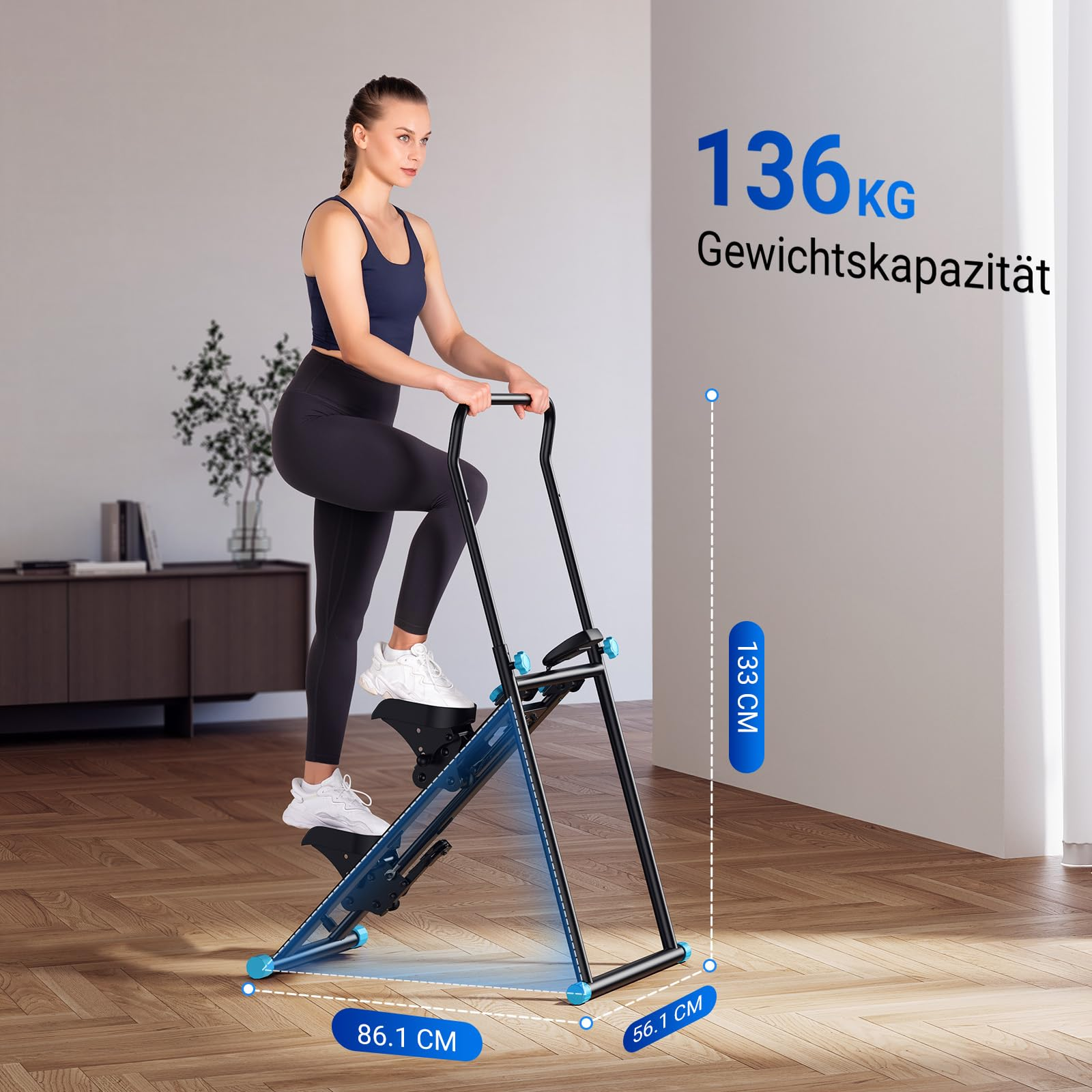 Eine Frau in Sportkleidung trainiert auf einem Heimtrainer in einem hellen Raum, mit Maßangaben versehen.
