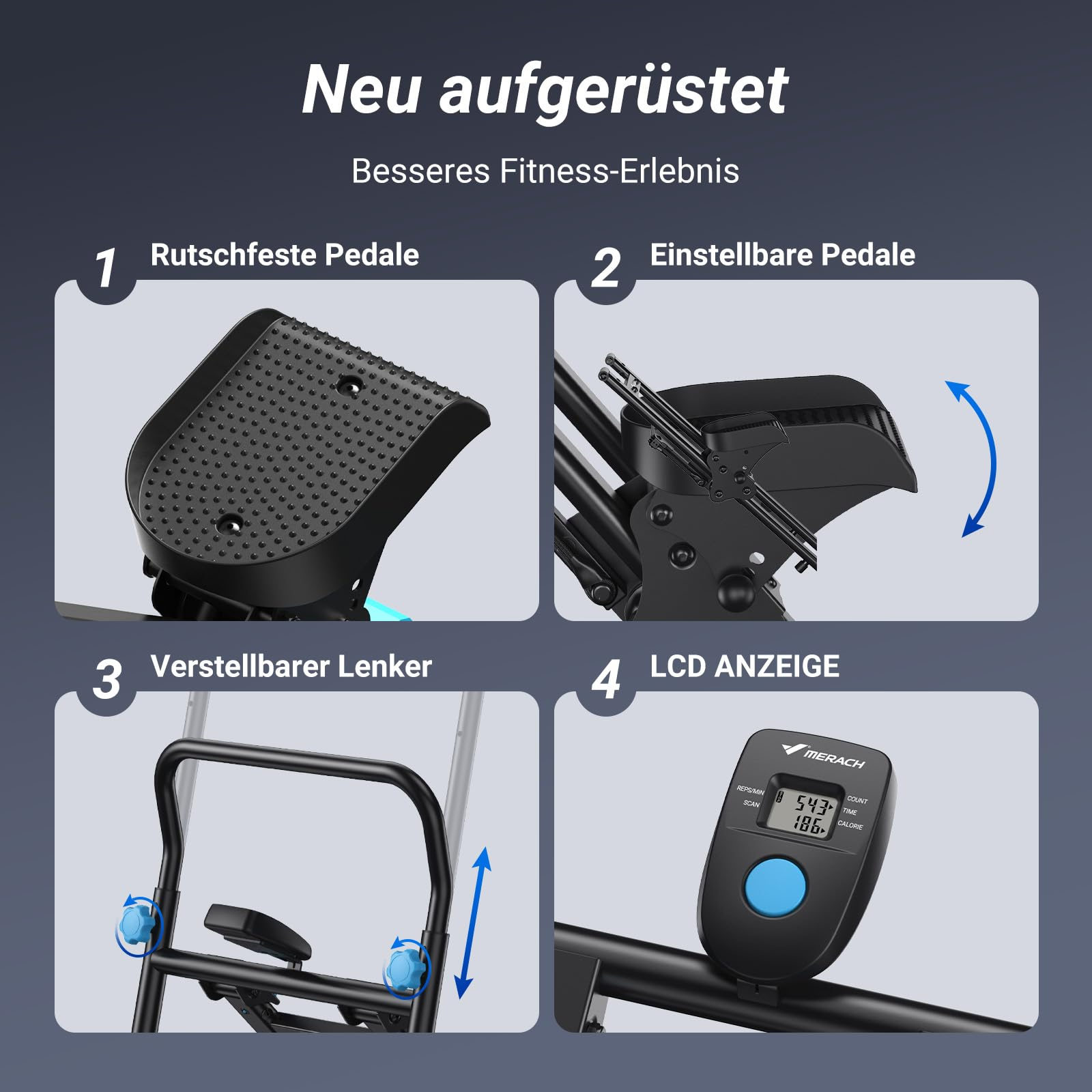 Vier Felder zeigen Fitnessgeräte-Funktionen: rutschfestes Pedal, verstellbares Pedal, Lenker und LCD-Anzeige.