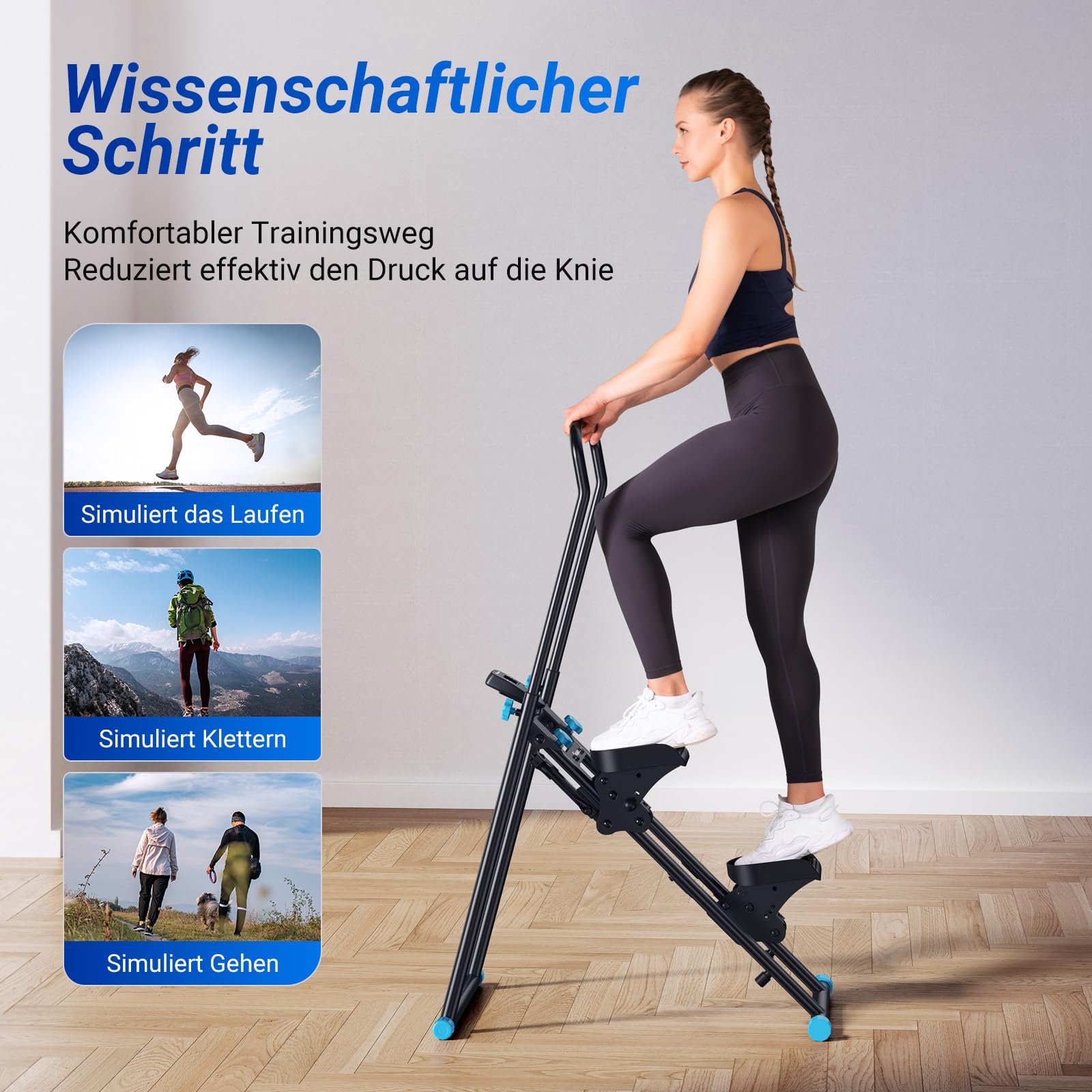 Eine Frau trainiert drinnen an einem Stepper, mit drei kleineren Bildern, die Laufen, Klettern und Gehen zeigen.