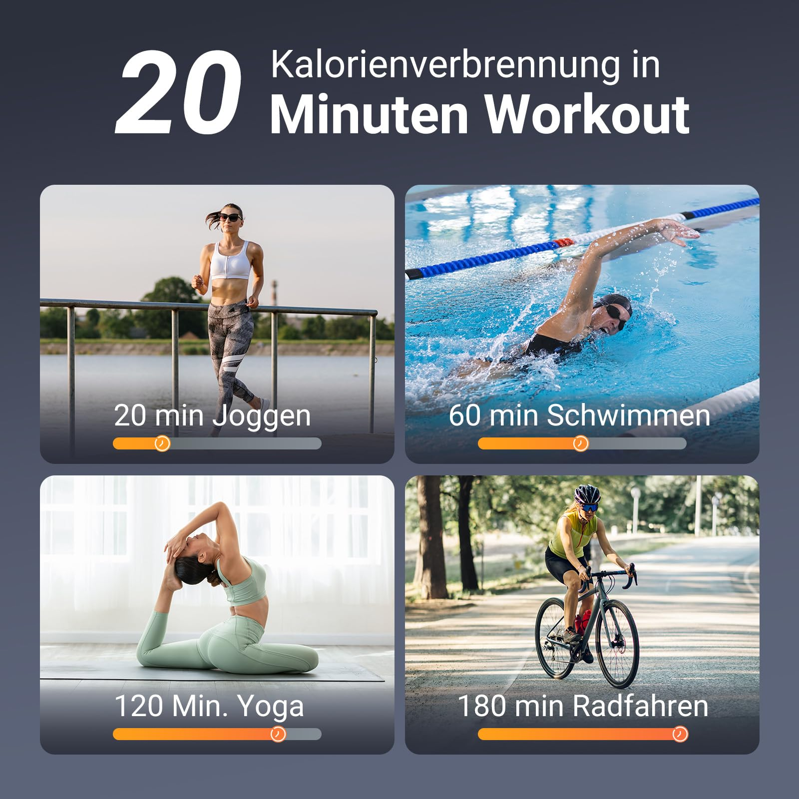 Ein Infografik-Bild mit vier Trainingsarten: Joggen, Schwimmen, Yoga und Radfahren.