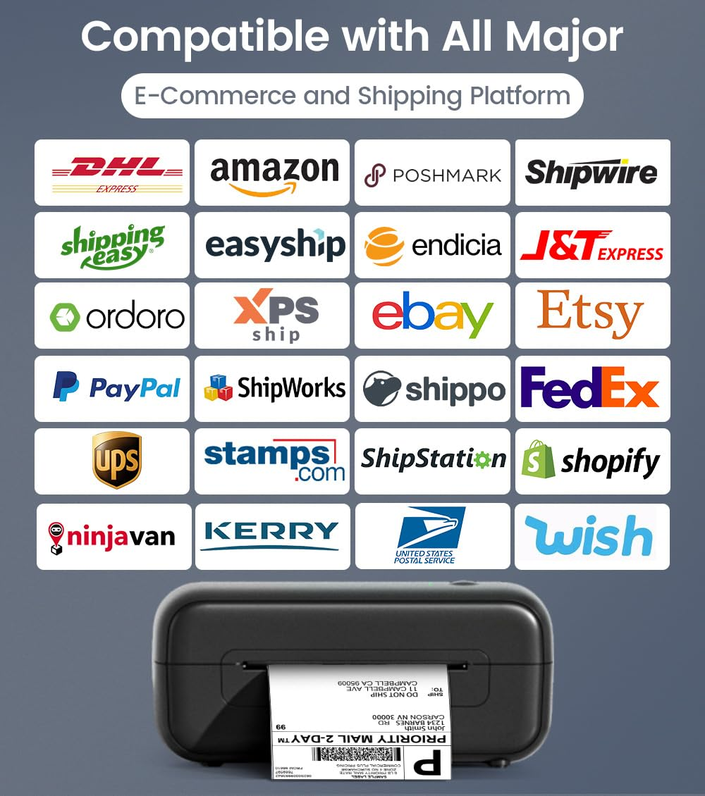 Une imprimeuse d'étiquettes noire avec étiquette, sous une grille de logos de plateformes e-commerce et d'expédition.