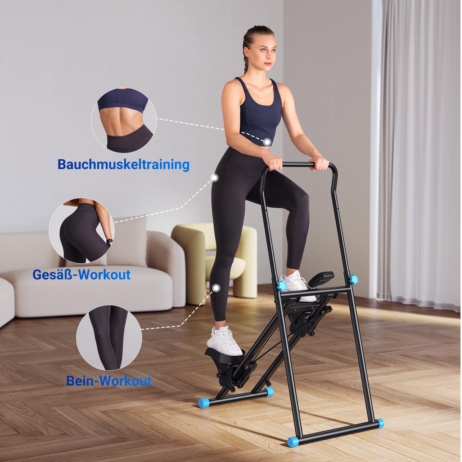 Frau trainiert zu Hause auf einem Stepper, mit Grafiken zu Bauch-, Gesäß- und Beintraining.