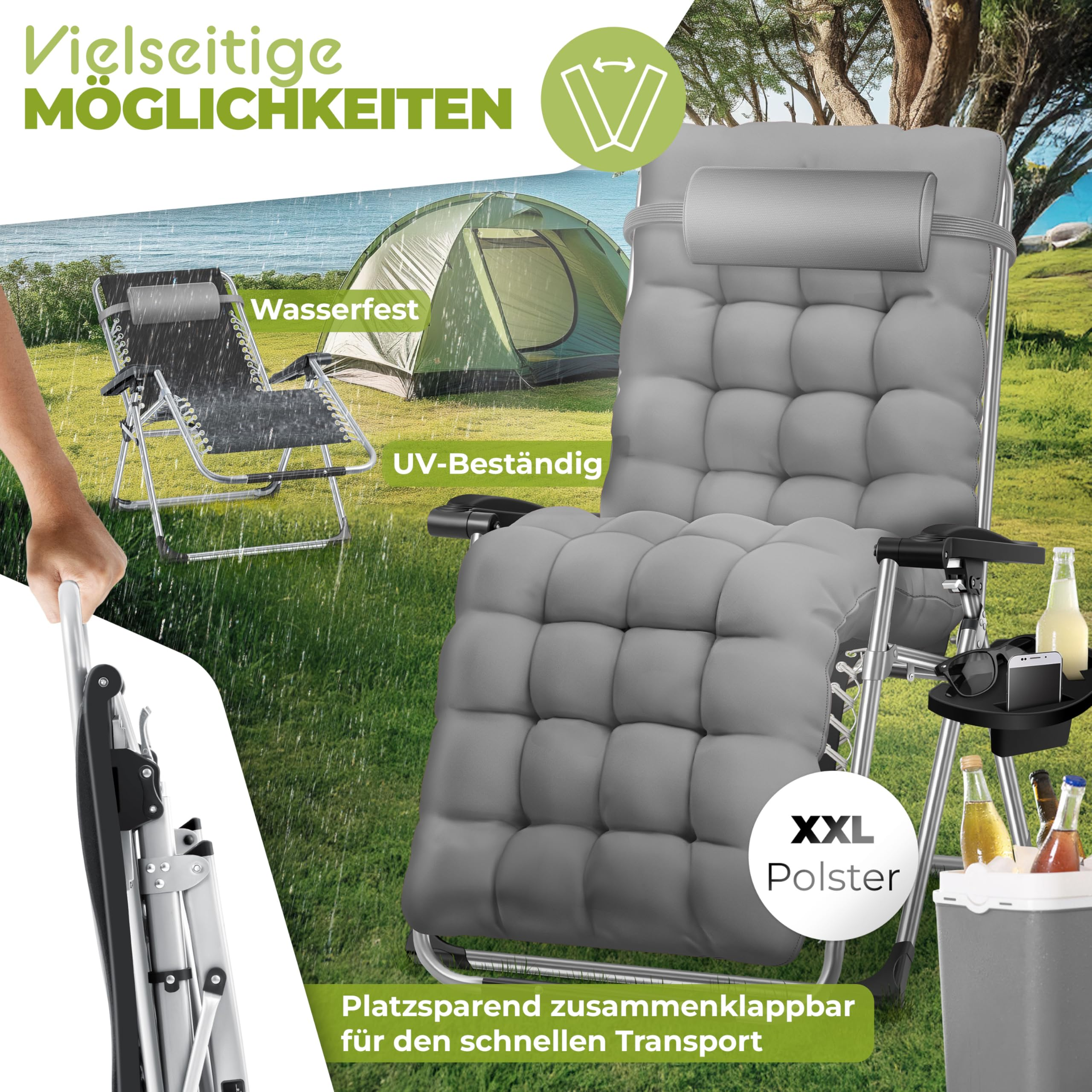 Ein grauer XXL-Gartenstuhl mit Polster, Beistelltisch und Kühlbox, im Hintergrund ein Zelt an einem See.