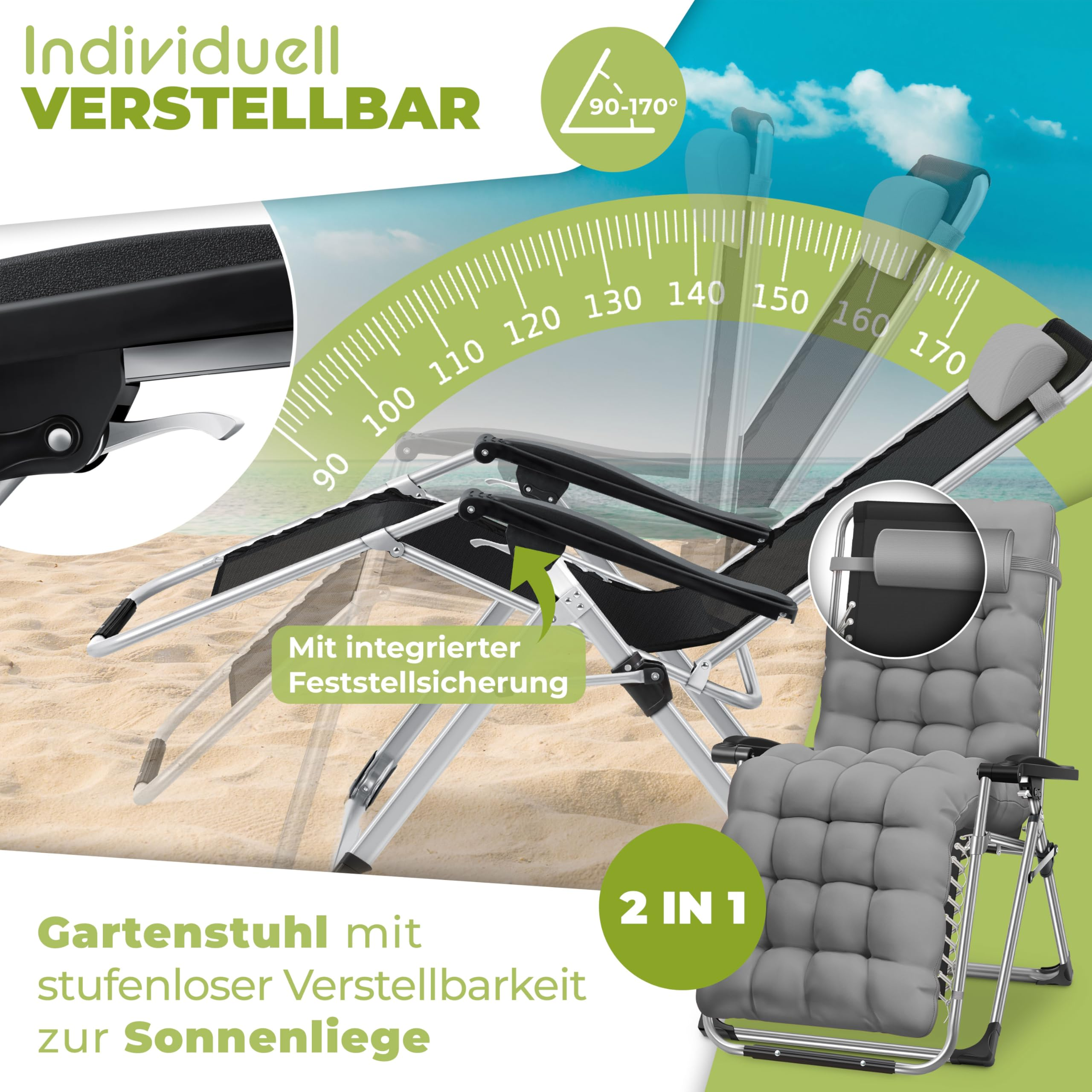 Verstellbarer Gartenstuhl, der sich in eine Sonnenliege verwandeln lässt, mit Winkelskala und Detailansichten.
