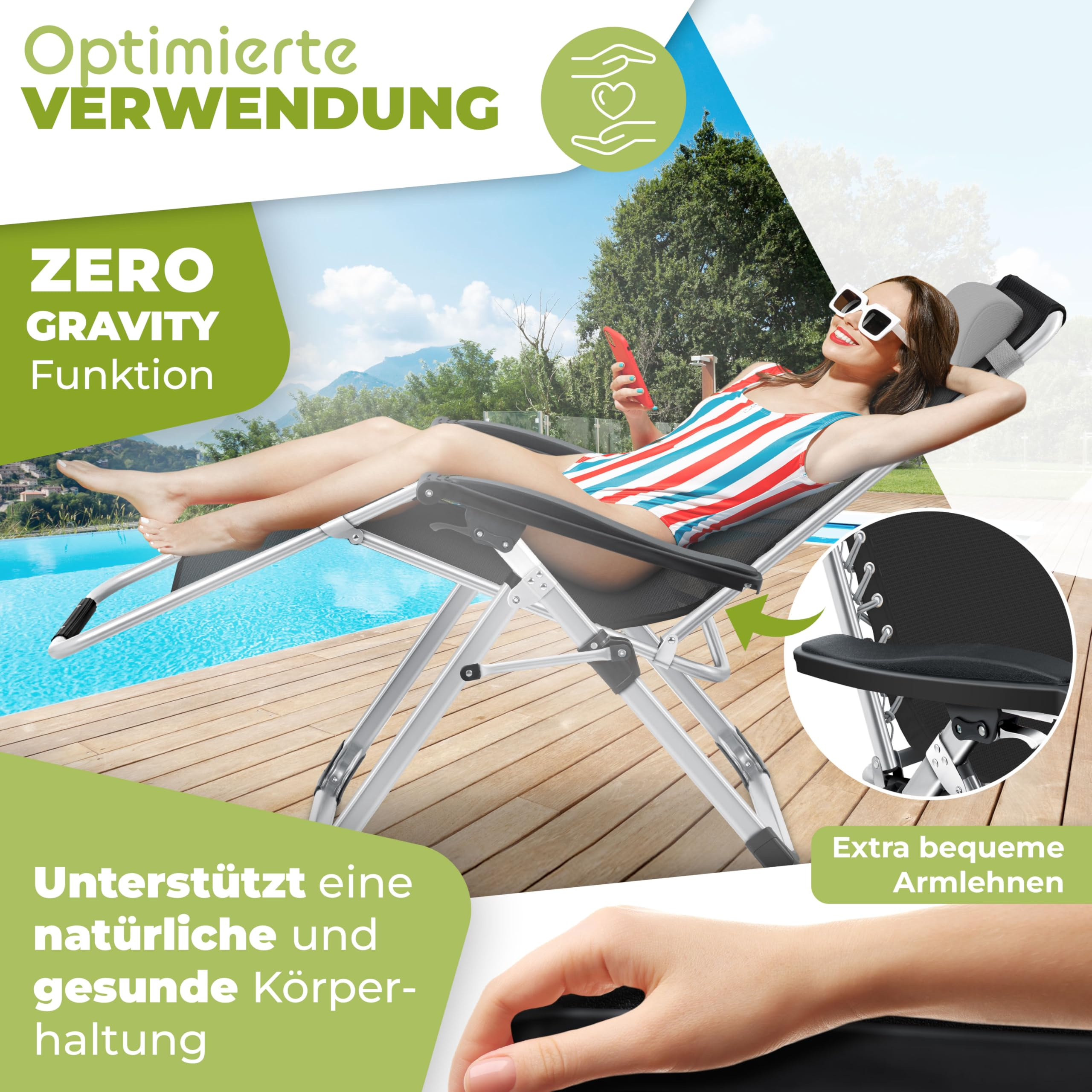 Frau entspannt in Zero-Gravity-Liege am Pool, mit Text und Inset der Armlehne.