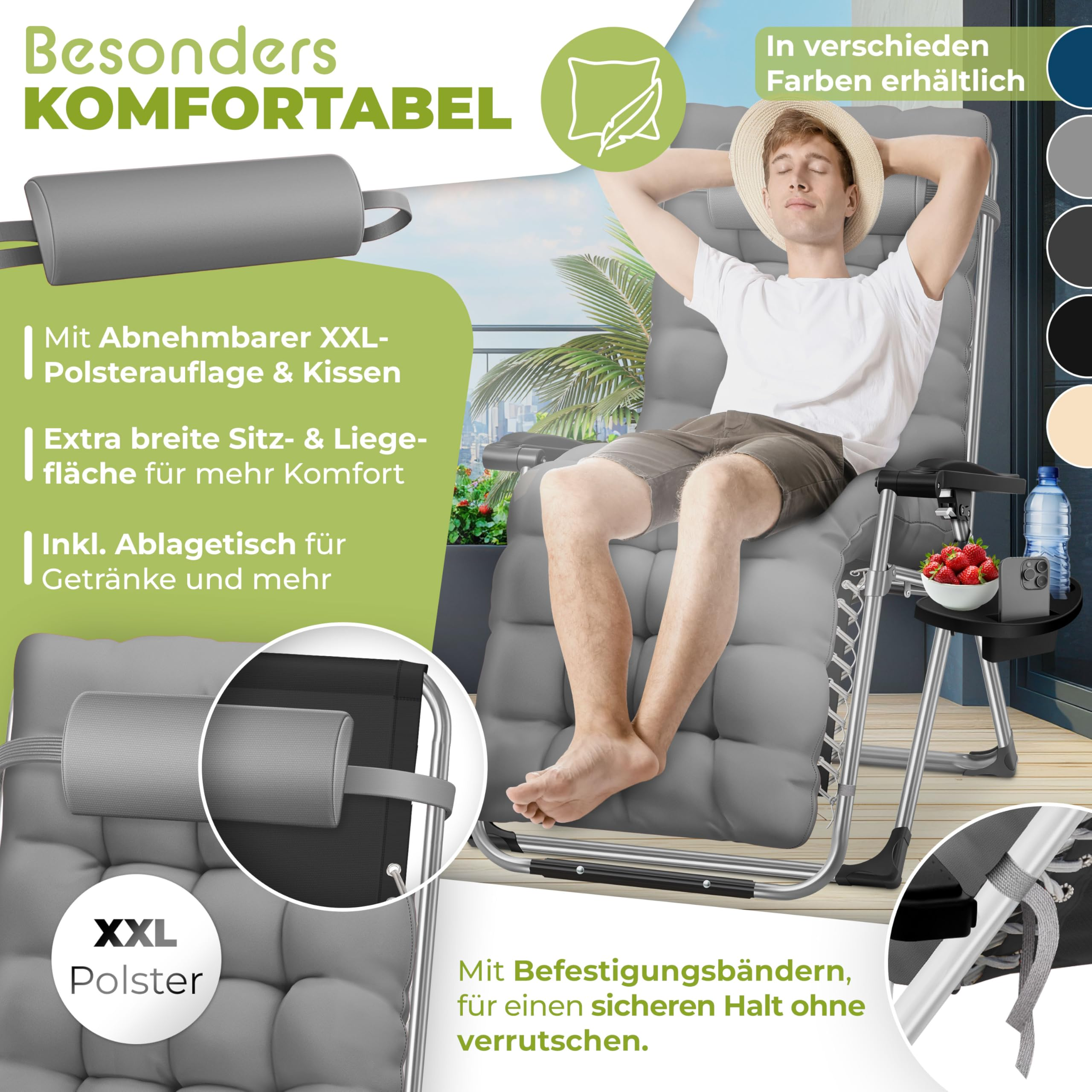 Ein Mann entspannt in einem grauen Liegestuhl mit Kissen und Beistelltisch, umgeben von Werbetexten.