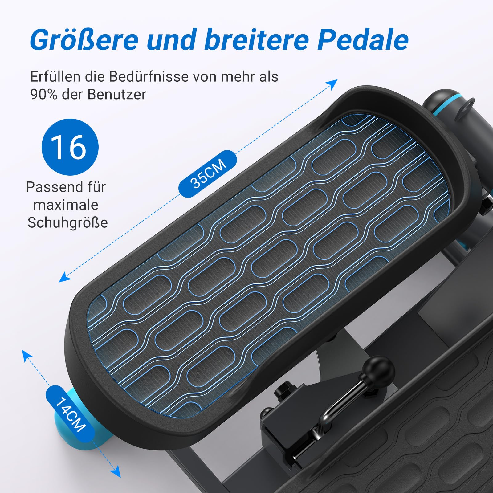 Große, 35cm lange und 14cm breite Pedale eines Fitnessgeräts mit blauen Mustern.