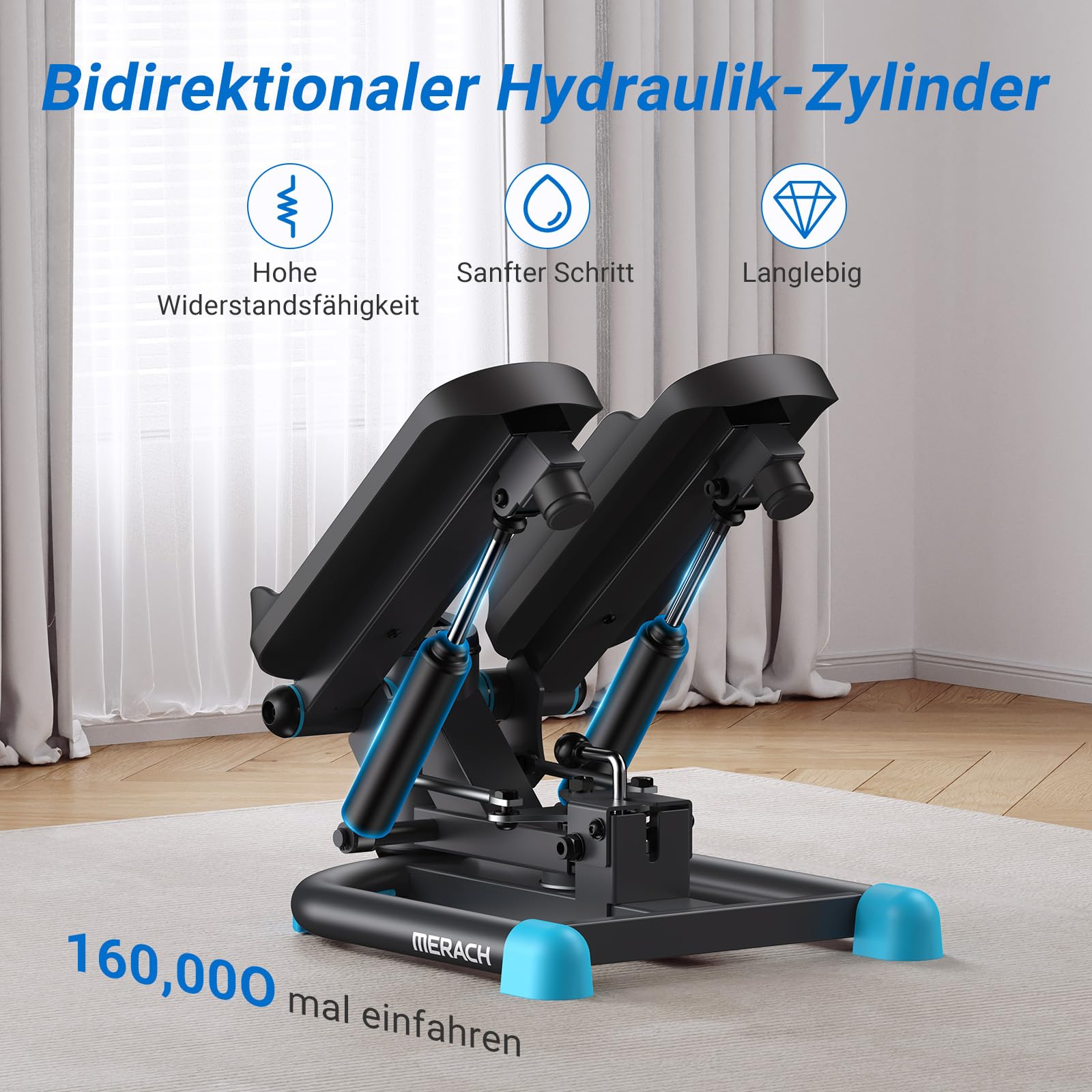 Ein schwarzer Merach-Heimtrainer mit blauen Hydraulikzylindern auf einem Teppich vor einem Fenster.