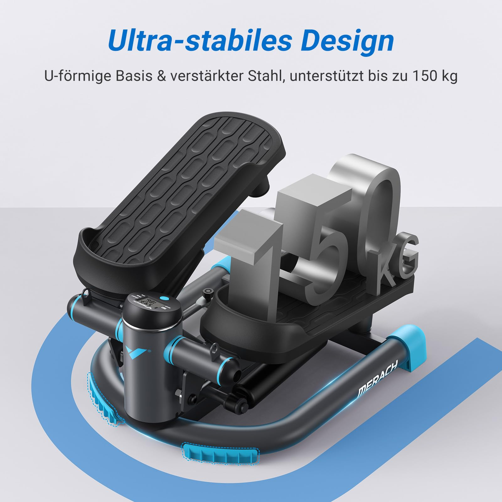 Stabiler Stepper mit U-förmiger Basis und grauen 150-kg-Gewichten.