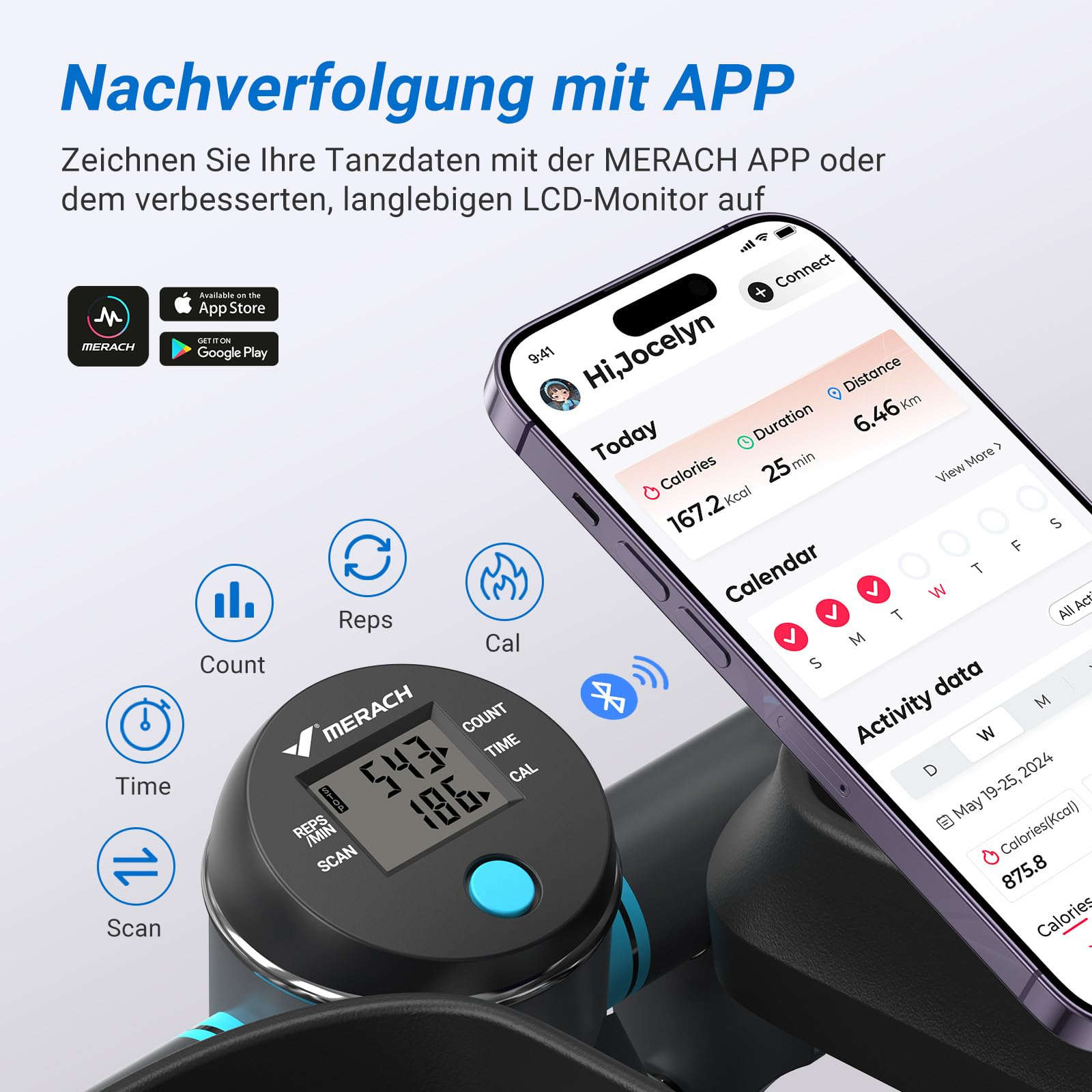 Smartphone und LCD-Monitor zeigen Trainingsdaten der Merach App.