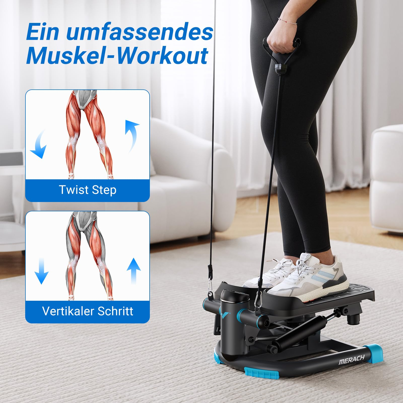 Eine Frau in Leggings trainiert zu Hause auf einem schwarzen Stepper mit Griffen, dazugestellt erklärende Grafiken.