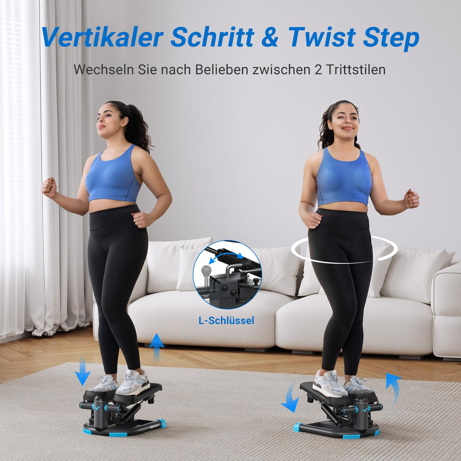 Eine Frau in Sportkleidung nutzt einen Stepper mit vertikalen und Twist-Schritten im Wohnzimmer.