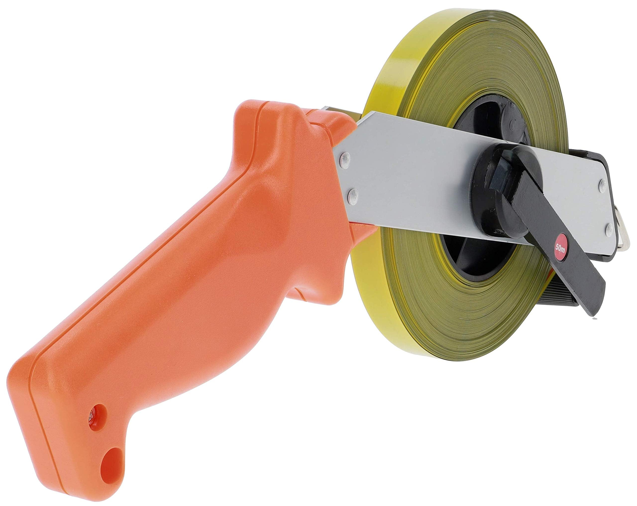 Ein gelbes Maßband in einem orangen und silbernen Gehäuse mit Kurbel.
