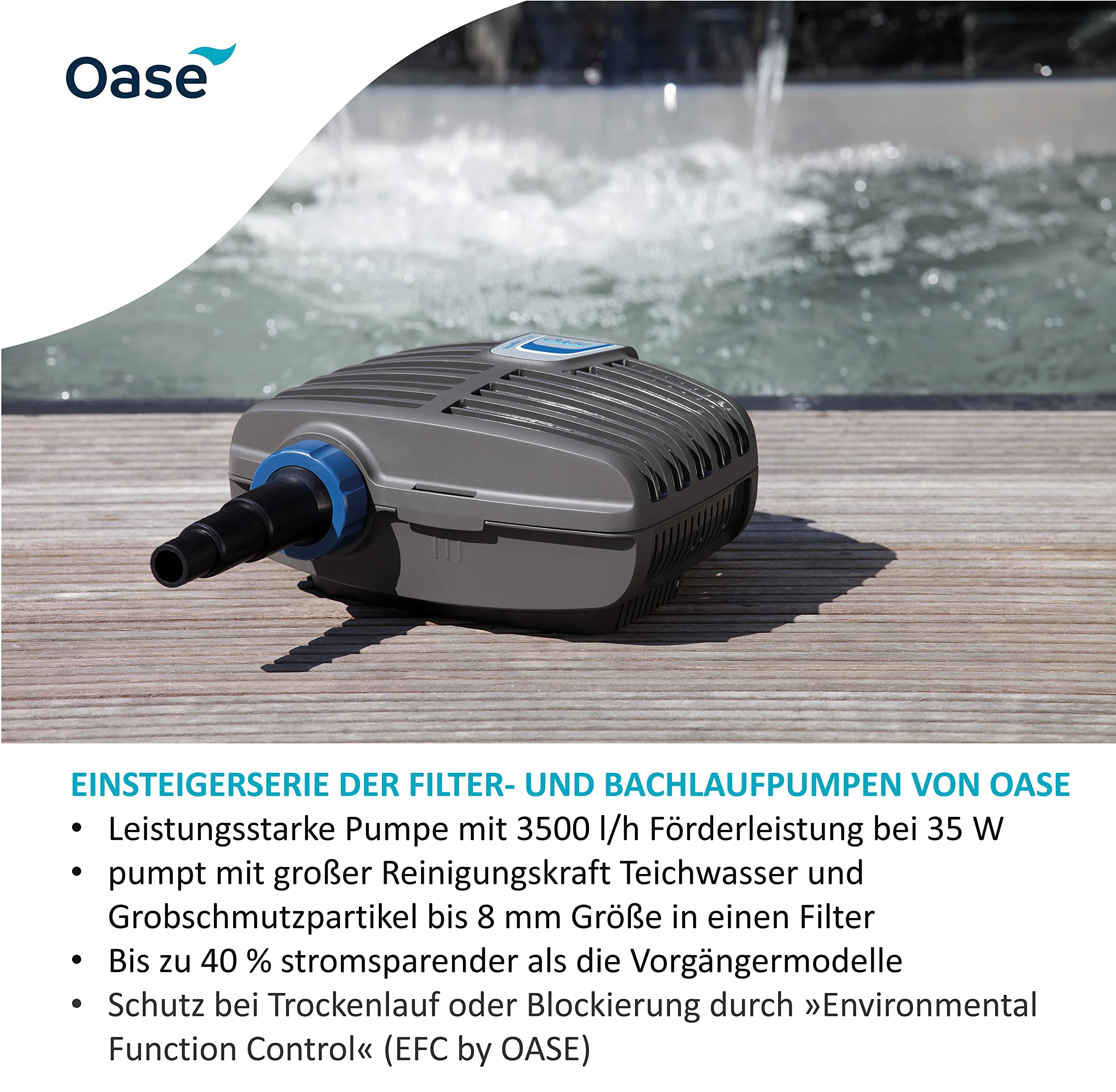 Graue Oase Filter- und Bachlaufpumpe auf Holzdeck vor einem Teich.