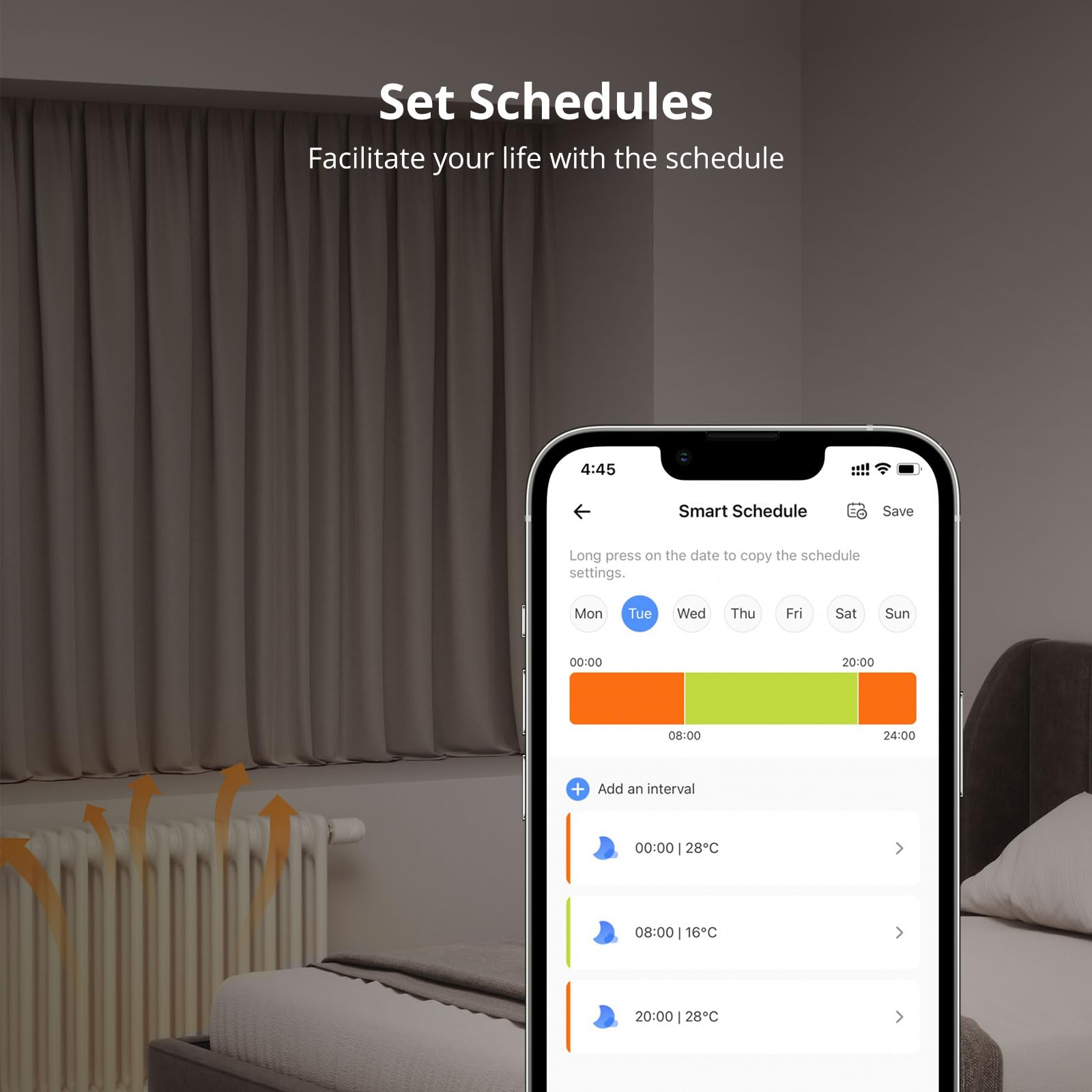 Smartphone mit geöffneter Smart-Schedule-App vor einem Schlafzimmer mit Vorhängen und Heizung.