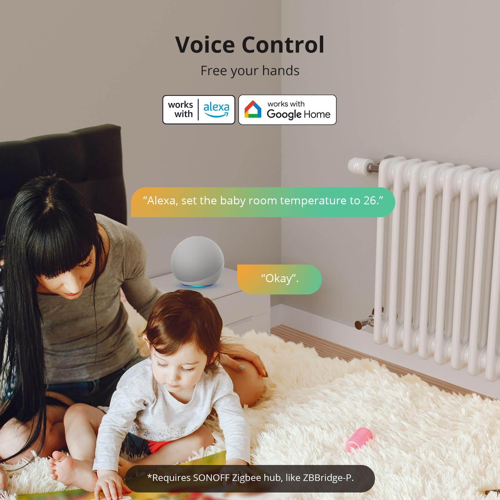 Mutter und Kind im Zimmer mit smarthome Sprachsteuerung und Heizkörper.