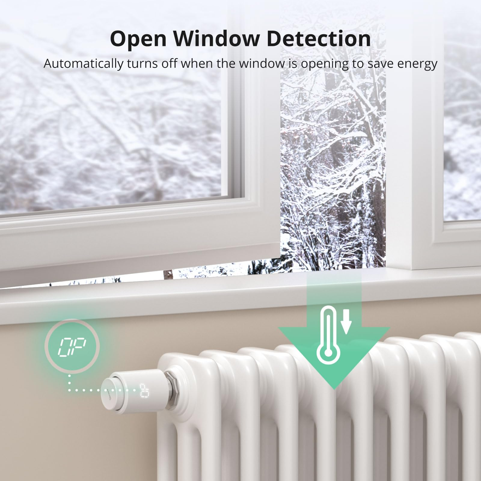 Ein weißes Smart-Heizkörperthermostat mit offener Fenstererkennung vor verschneiter Kulisse.