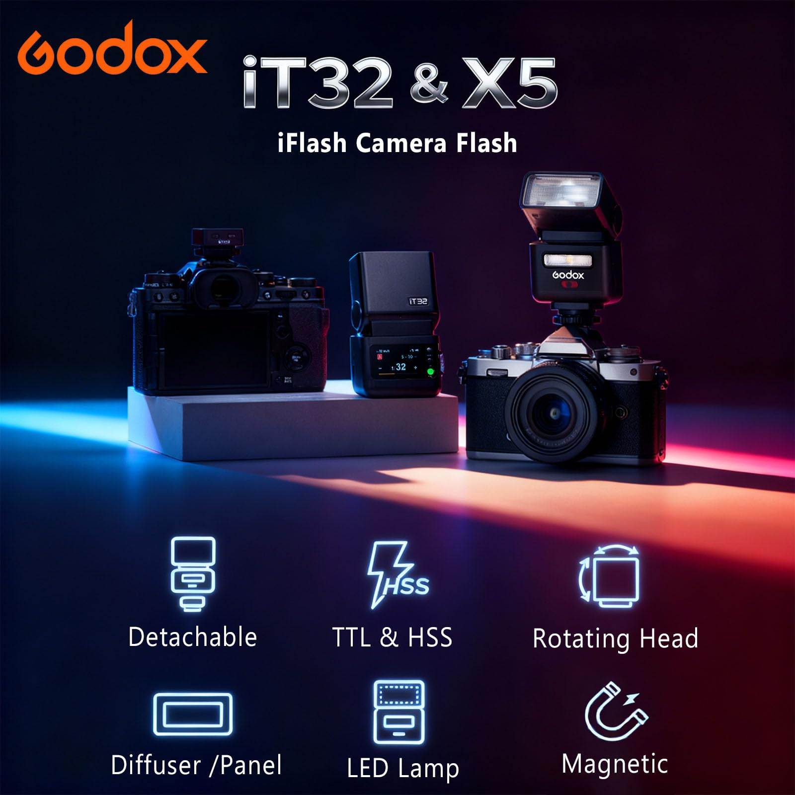 Flash d'appareil photo Godox iT32 et X5 avec caméras et fonctionnalités amovibles, TTL et tête rotative.