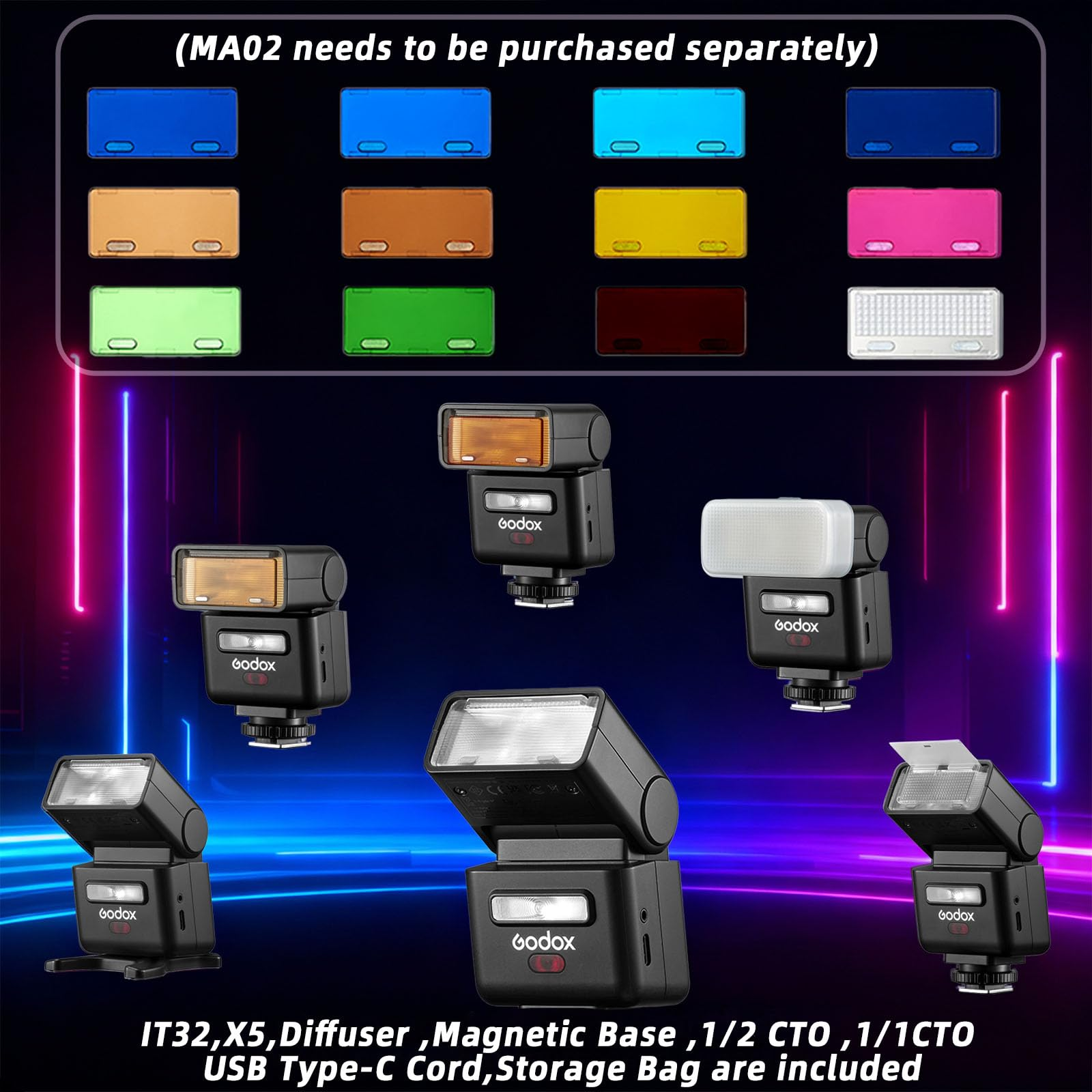 Flashs d'appareil photo Godox avec divers filtres de couleur et accessoires sur fond bleu foncé.